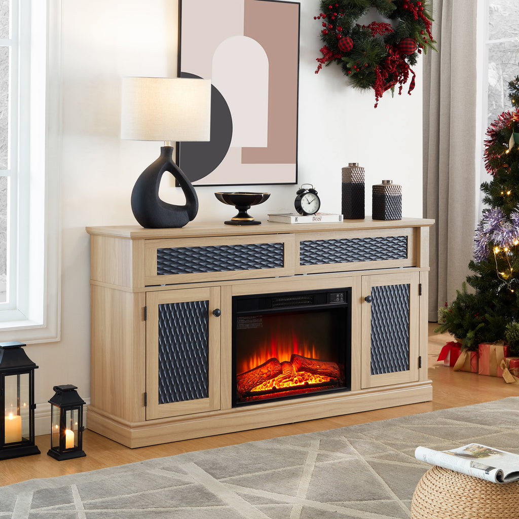 Embossed Pattern TV Stand with 23' fireplace insert,, TV and Media Console with Open and Closed Storage Space and sliding door for Living Room & Bedroom,LIGHT OAK, 58.27'W*15.35'W*31.7H