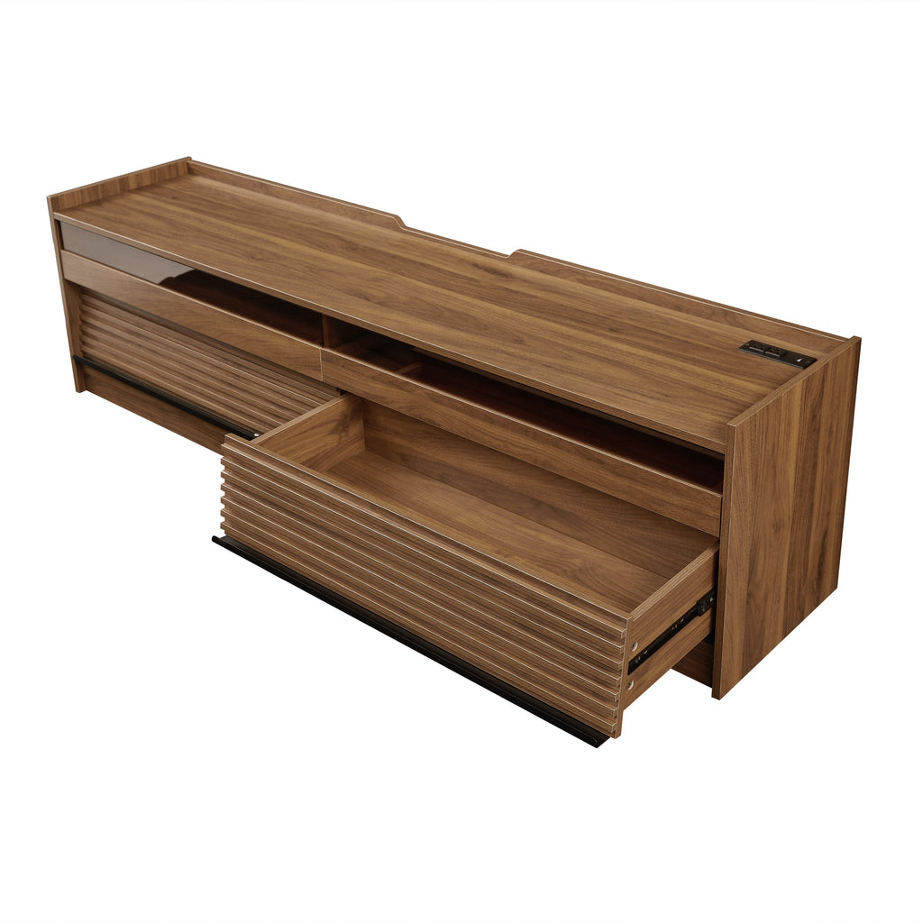 Mirod Modern TV Stand with Ample Storage,4 Drawer Design with Tempered Glass ,Built-in Charging Ports and Ambient LED Lighting ,Versatile for Any Decor Style