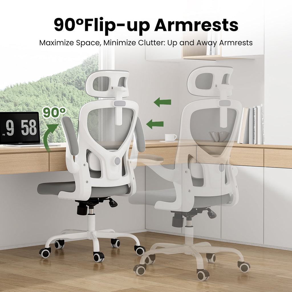 Ergonomic Office Chair, Home Office Desk Chair with Headrest, High Back Computer Chair with Armrests and Adjustable Lumbar Support for Home Office Study Room, White & Gray