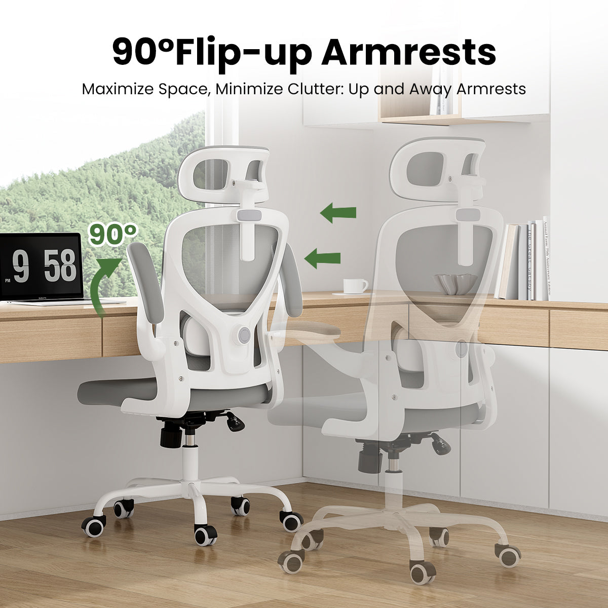 Ergonomic Office Chair, Home Office Desk Chair with Headrest, High Back Computer Chair with Armrests and Adjustable Lumbar Support for Home Office Study Room, White & Gray