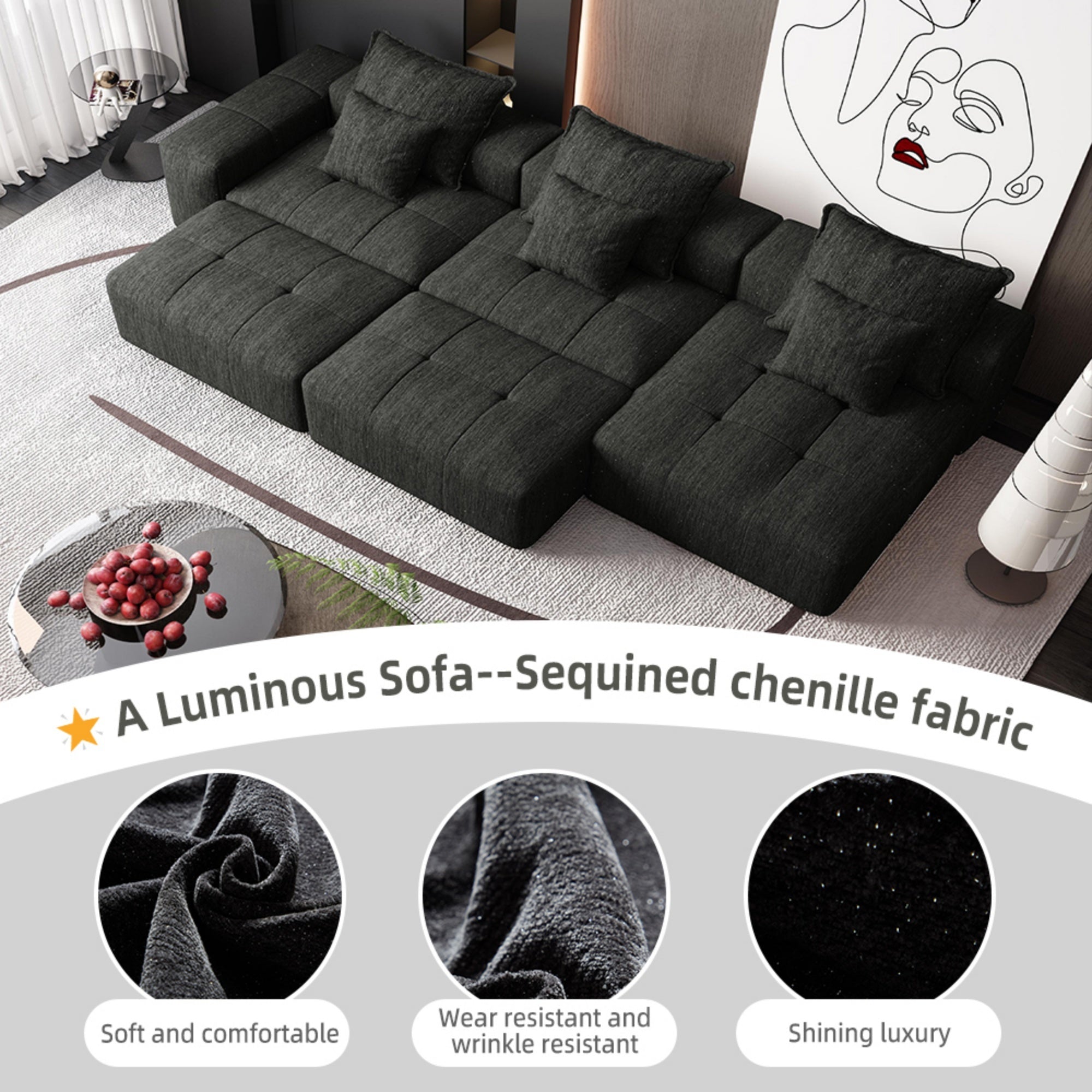 Modern Oversized Modular Sectional Sofa, Sparkling Chenille Fabric Soft Cushion Sofa with 6 Pillows, 6 PCS DIY Combination Tufted Sofa, No Assembly Required, BLACK