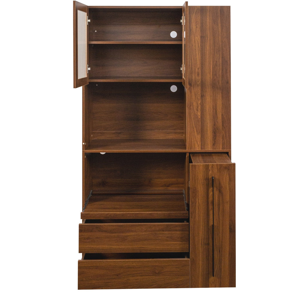 70.87' Tall Kitchen Pantry Cabinet with multi-functional pull-out multi-tier storage shelf,  4-Tier side Shelf, 2 Drawers,with Glass Door,Freestanding Food Hutch with Microwave Stand for Dining Room