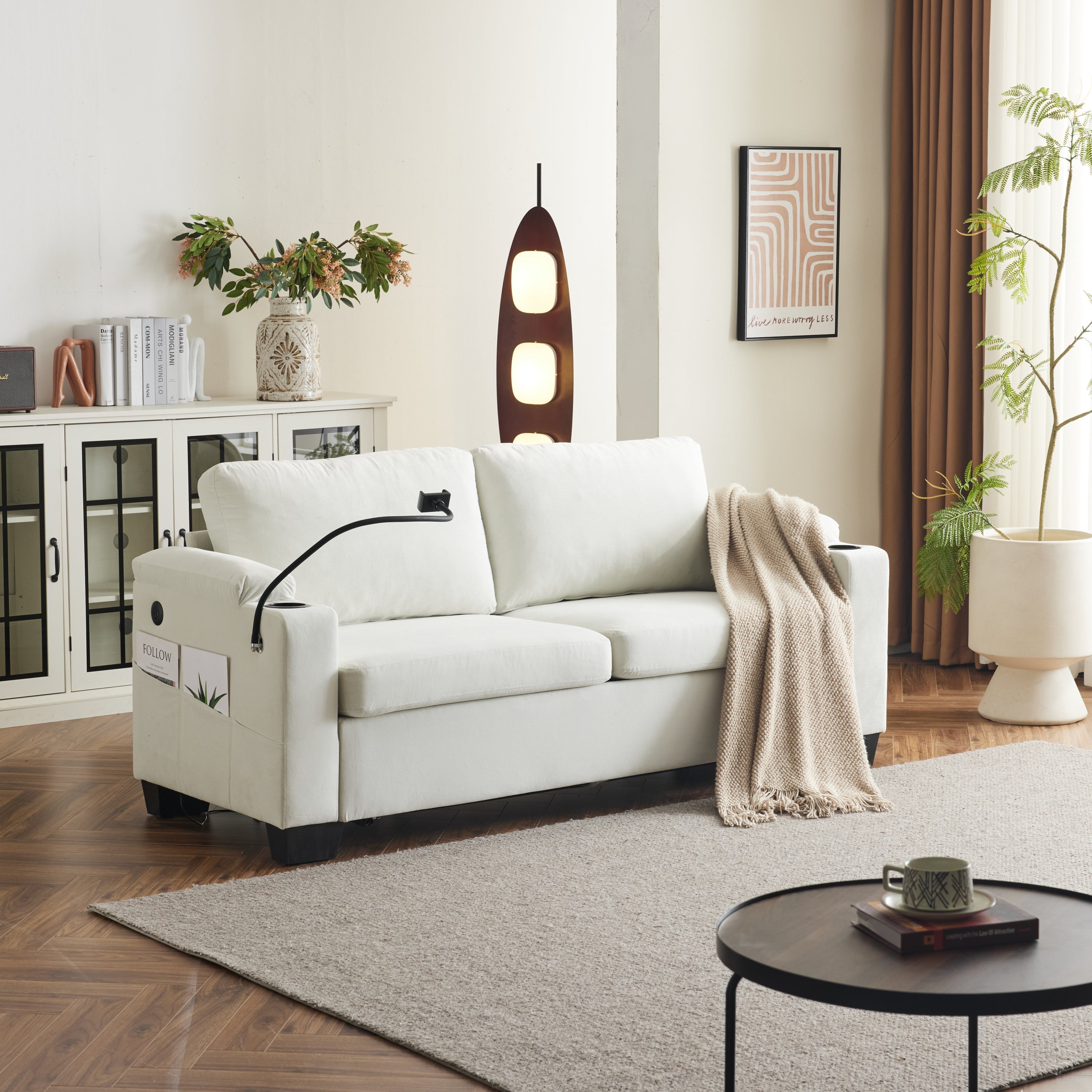 Pull-out sofa bed, chenille material, pull-out queen sofa bed, with USB charging, mobile phone holder, memory sofa, removable and washable cushions, suitable for living room, bedroom, apartment, white