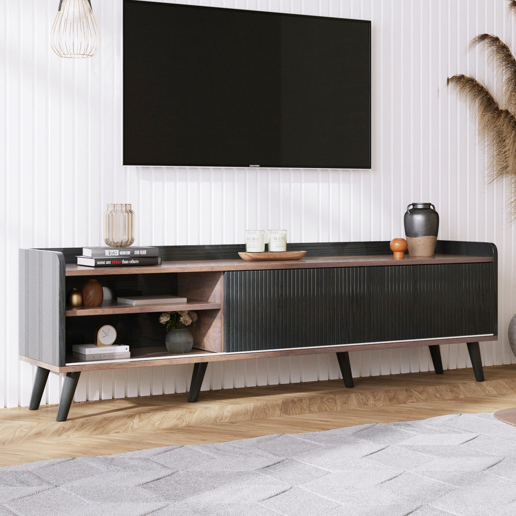 63'' Mid Century TV Stand with 2 Cabinets&  Open Compartments, Entertainment Center for TVs up to 70'', Television Console for Living Room, Bedroom, Home Theatre