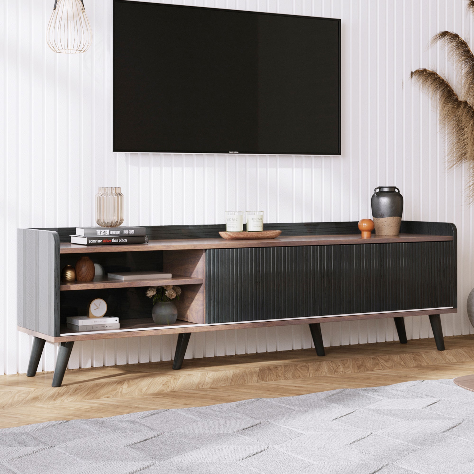 63'' Mid Century TV Stand with 2 Cabinets&  Open Compartments, Entertainment Center for TVs up to 70'', Television Console for Living Room, Bedroom, Home Theatre