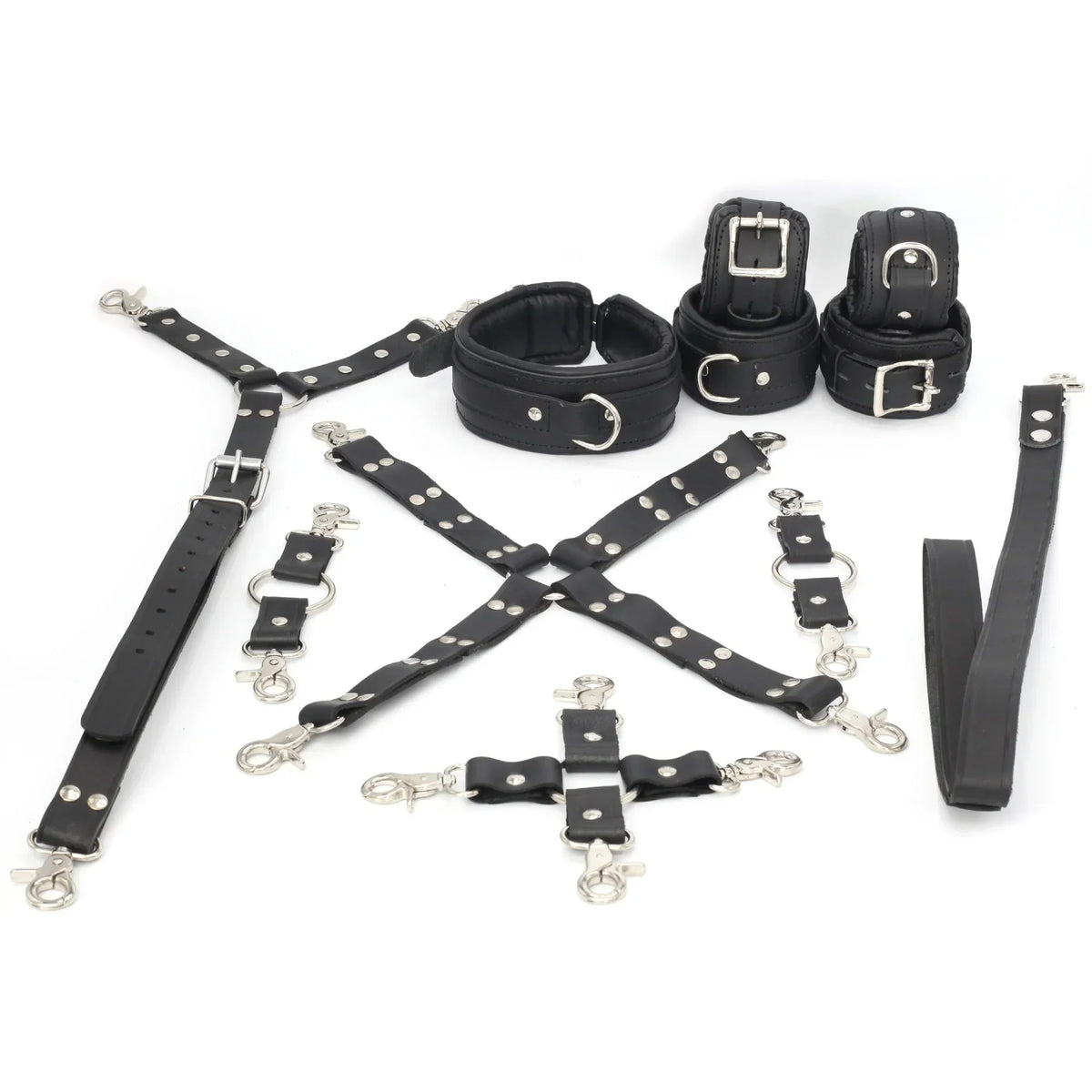 11-Piece Cowhide Leather Bondage Kit Collar, Ankle & Wrist Cuffs, Hogties, Leash & Connectors | Couples BDSM Set