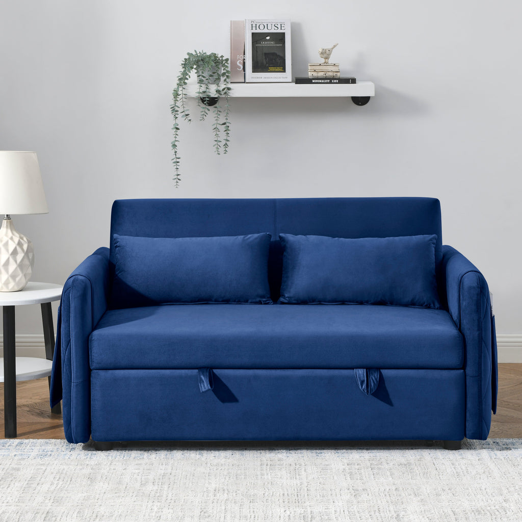 55' Modern Convertible Sofa Bed with 2 Detachable Arm Pockets, Velvet Loveseat Sofa with Pull Out Bed, 2 Pillows and Living Room Adjustable Backrest, Grid Design Armrests