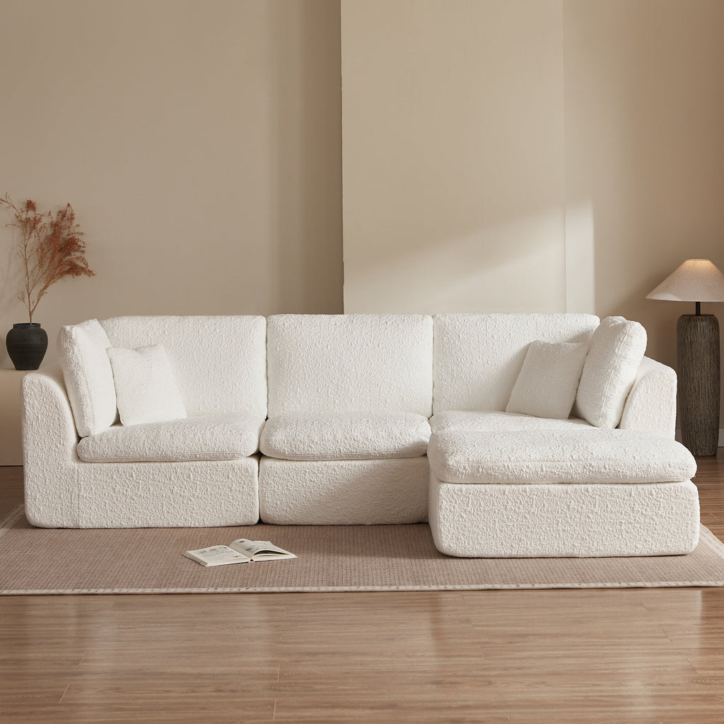 Cloud Style L-Shape Modular Sectional Sofa with Ottoman, 3 Seater Convertible Couch in Warm White, Chenille Fabric, 110' Width