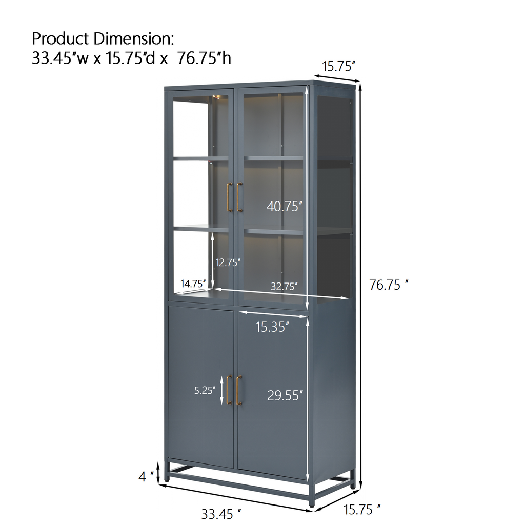 Modern Style 76.75'' Tall Steel Display Cabinet with Double Glass Doors, LED Lights, 3-Sided Glass for Collectibles - Dark Blue