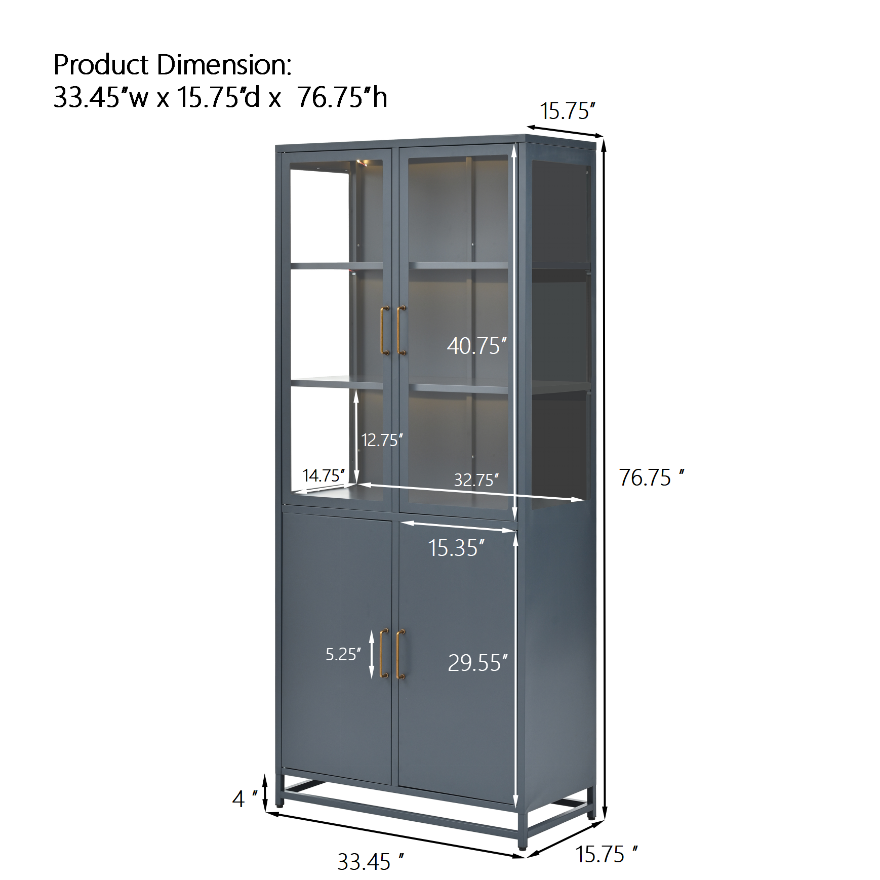 Modern Style 76.75'' Tall Steel Display Cabinet with Double Glass Doors, LED Lights, 3-Sided Glass for Collectibles - Dark Blue