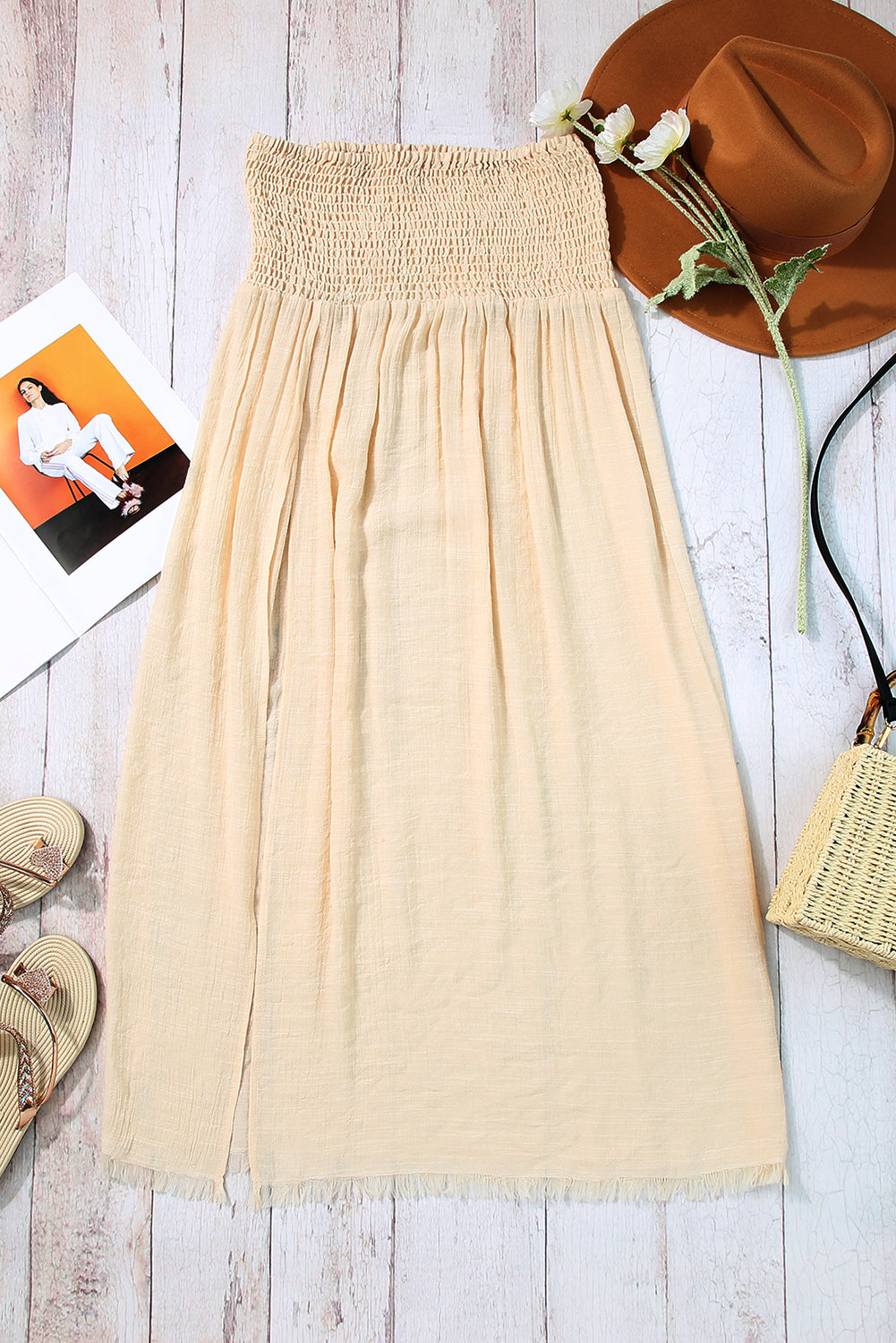 Shirred High Waist Side Slit Beach Maxi Skirt