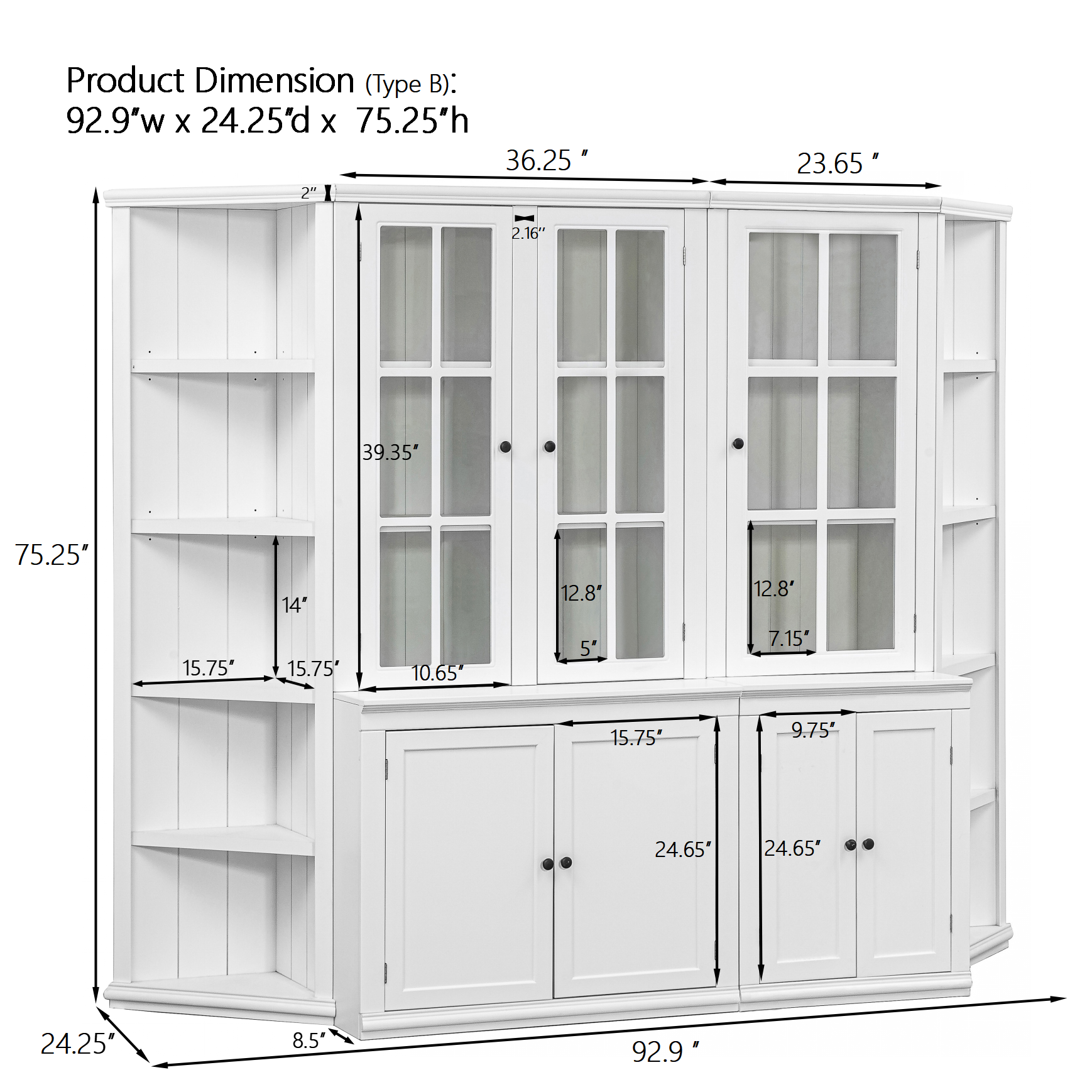 Retro Style Wall Suit with Glass Doors, 75.25'' Tall Display Cabinets & Triangle Sided Bookshelves, White
