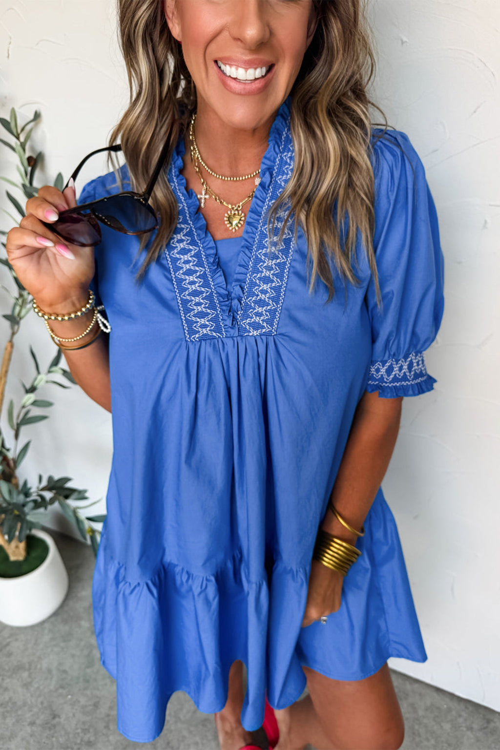 Embroidered Smocked V-Neck Puff Sleeve Mini Dress