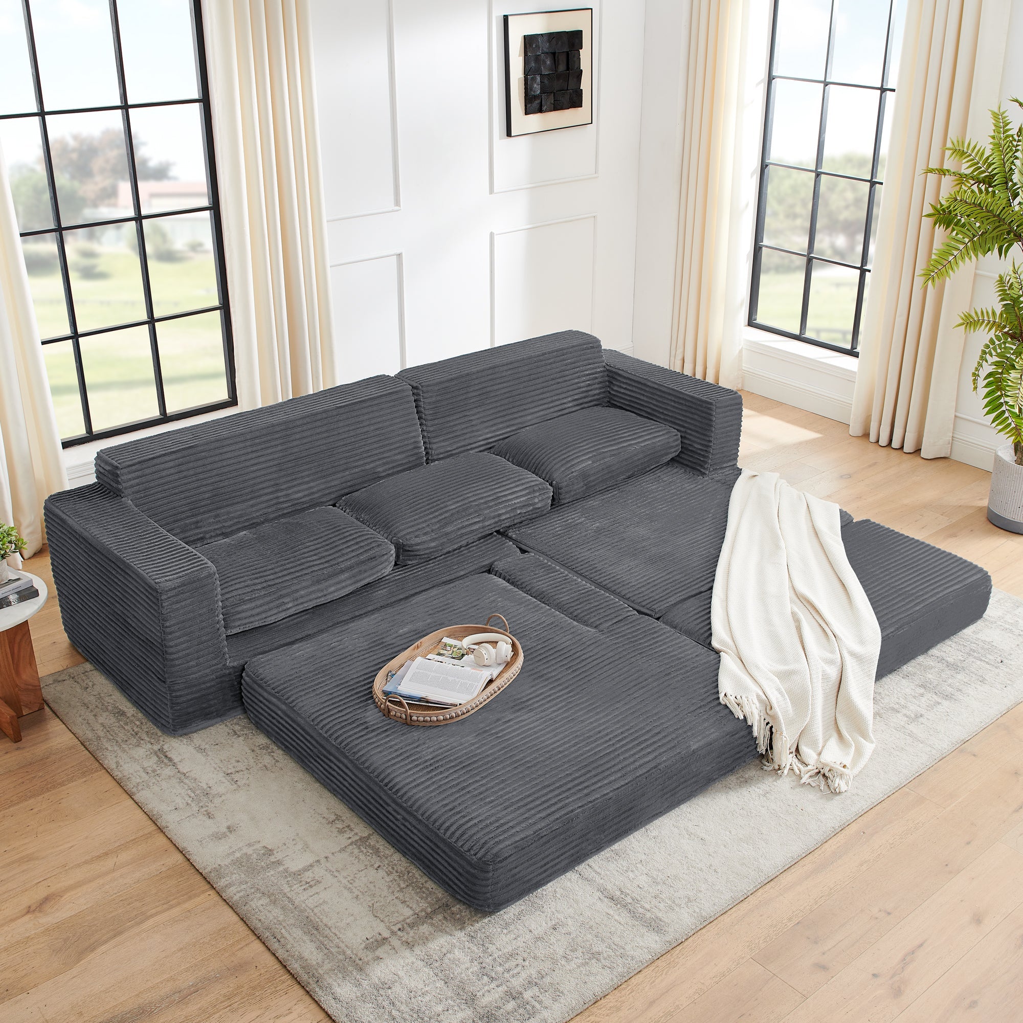Minimalist L Shape Modular Sectional Sofa Bed in Gray Corduroy Fabric
