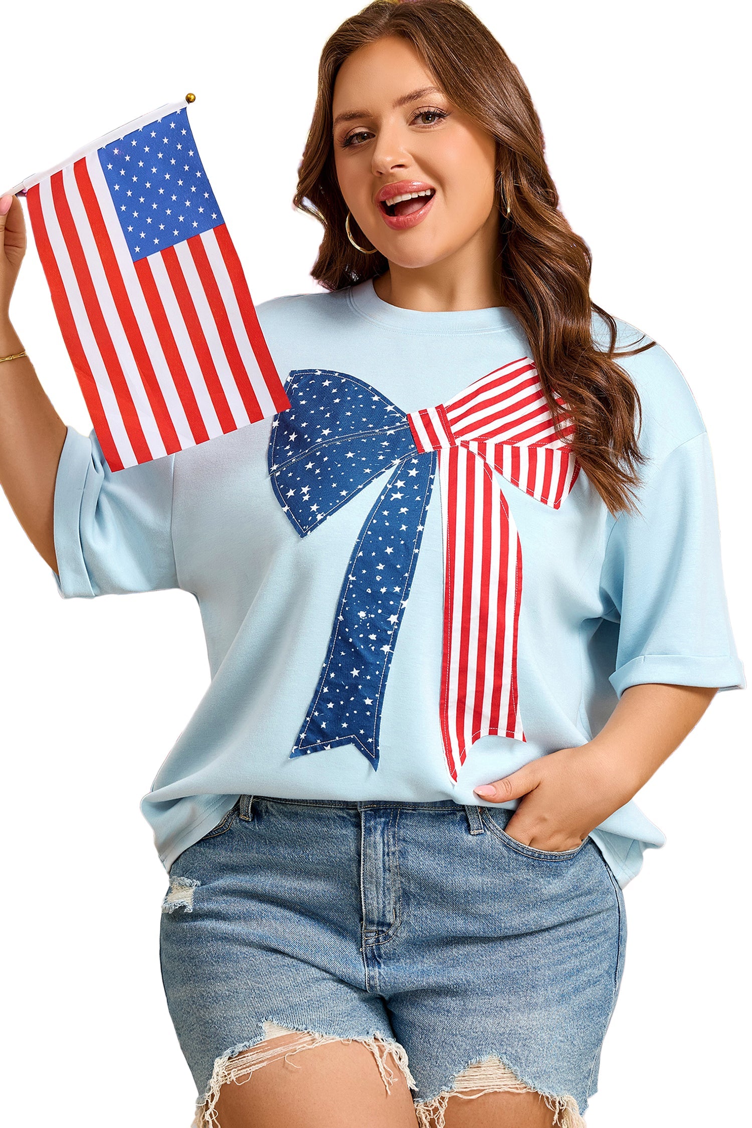 Plus Size Patriotic Stars & Stripes Bow Patchwork T-Shirt