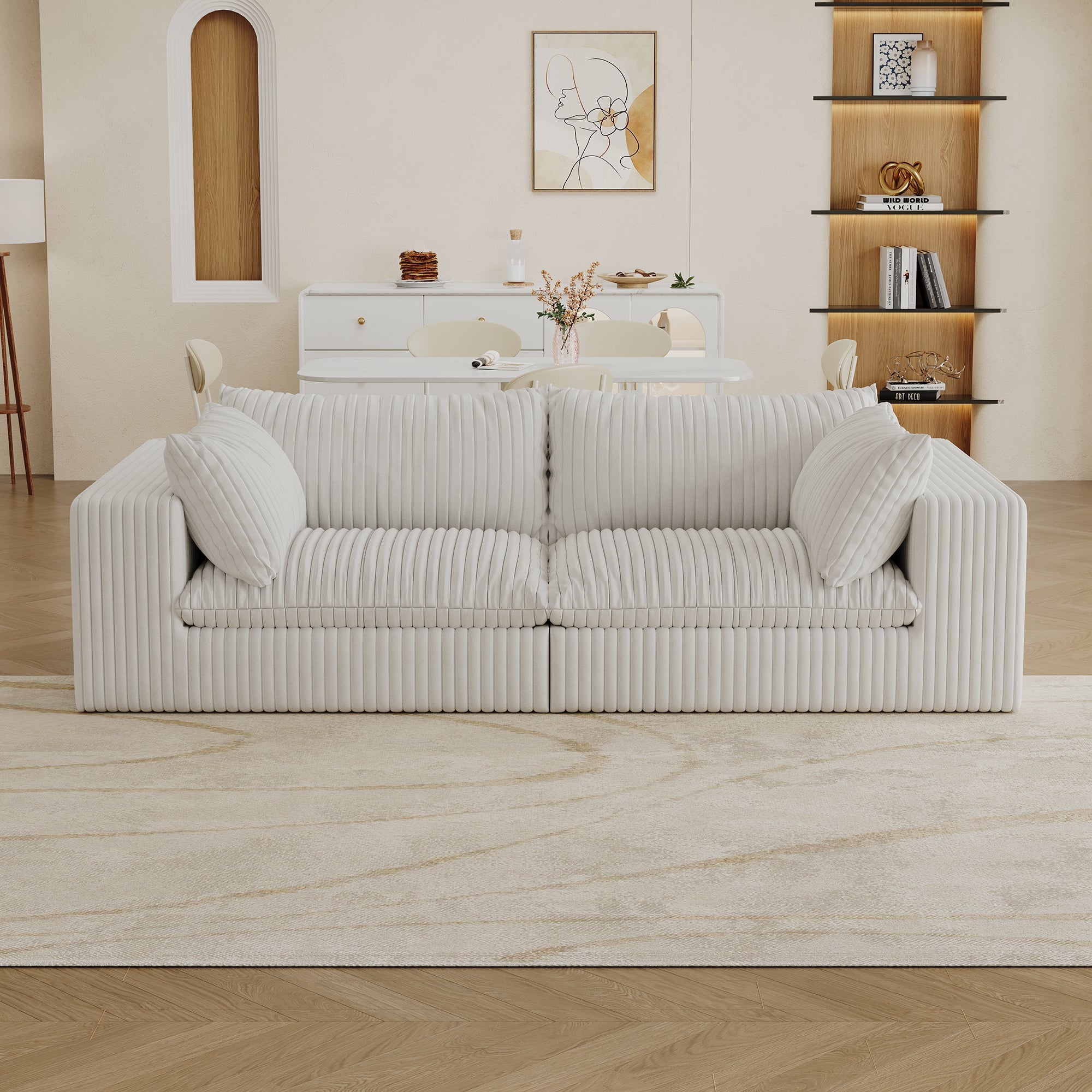 39.8' Cloud Sofa,Corduroy Fabric,Deep Seat Couches,Double-layer design,Removable  Cushion,No Assembly, DIY Combination for Living room, Bedroom,Conference room ,Apartment,White