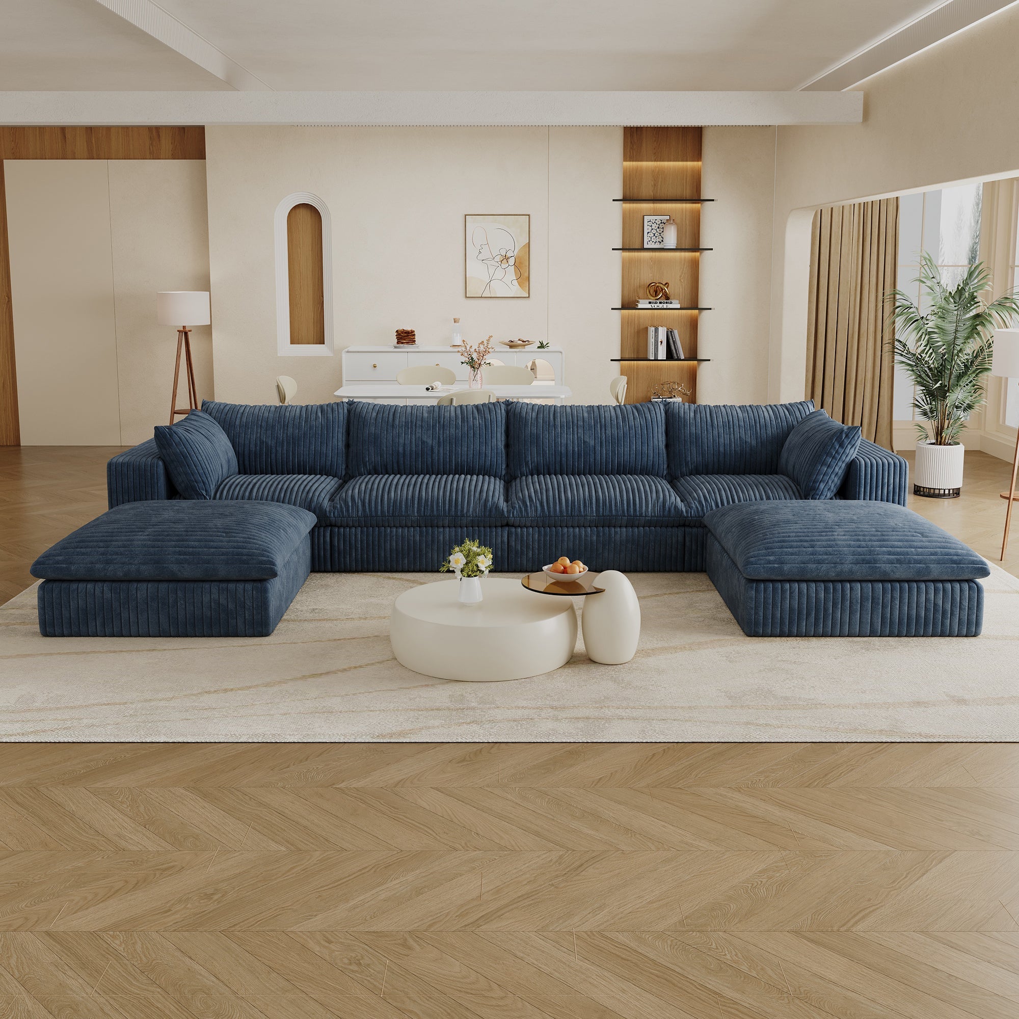 157.6'Cloud Sofa,Corduroy Fabric,Deep Seat Couches,Double-layer design,Removable  Cushion,No Assembly,DIY Combination for Living room, Bedroom,Conference room ,Apartment,Blue