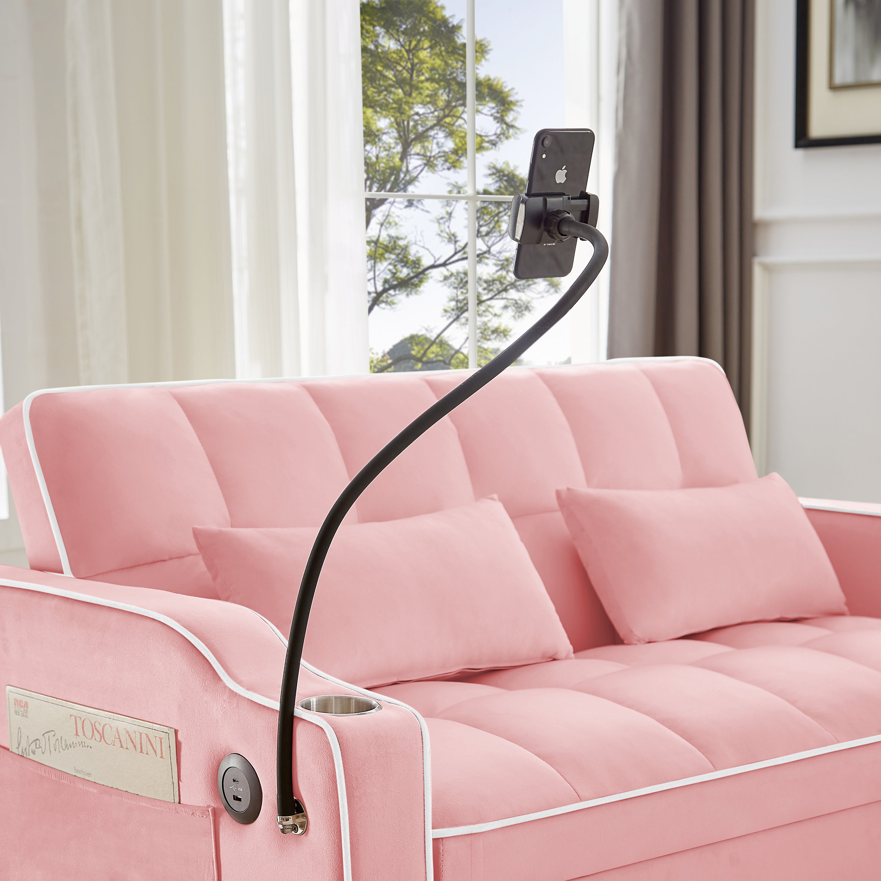 1 versatile foldable sofa bed in 3 lengths, modern sofa sofa sofa velvet pull-out bed, adjustable back and with USB port and ashtray and swivel phone stand (pink)