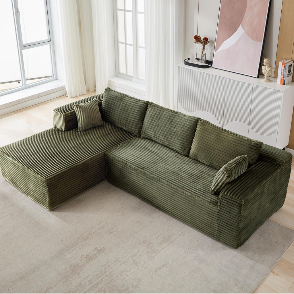 Compression Sectional Couch with Comfy Chaise, Boneless L Shape Sofa with Deep Seat, Minimalist Modular Couches Sleeper for Living Room Bedroom Apartment Lounge,corduroy,Green