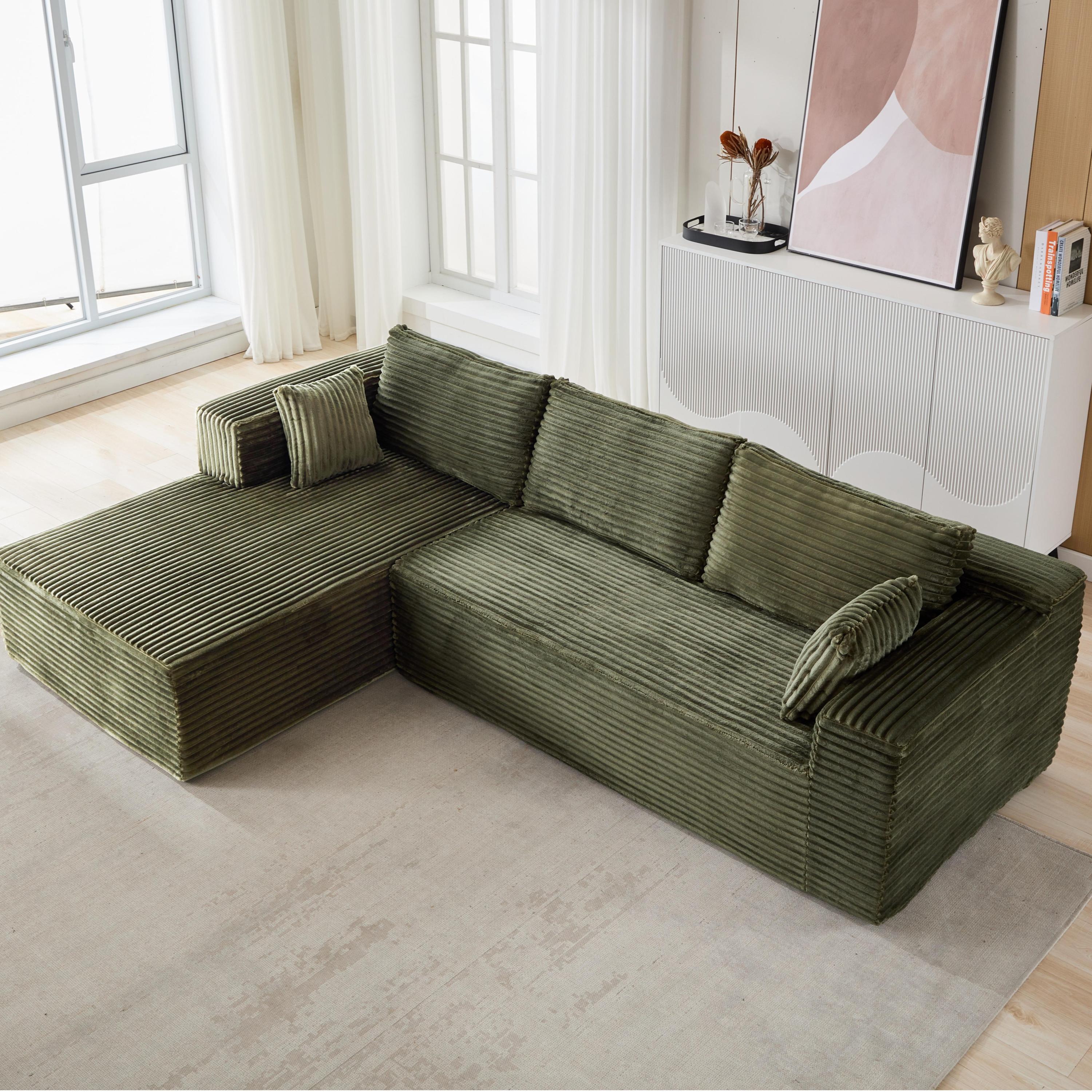 Compression Sectional Couch with Comfy Chaise, Boneless L Shape Sofa with Deep Seat, Minimalist Modular Couches Sleeper for Living Room Bedroom Apartment Lounge,corduroy,Green