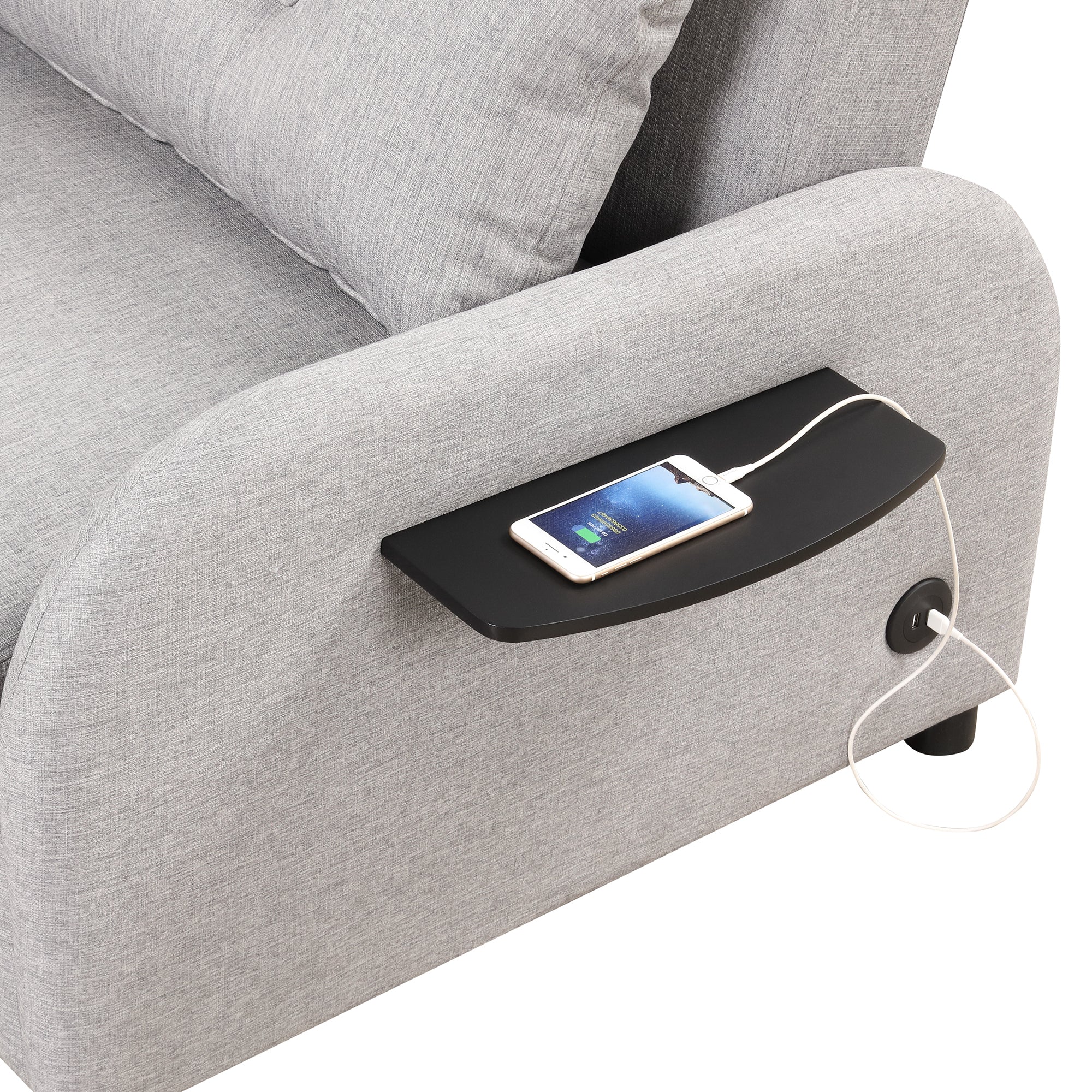 3-in-1 Pull Out Sofa Sleeper with Wing Table and USB Charge, Gray Linen, Iron Frame, 36.2-71.7'D x 42.9'W x 35.8'H