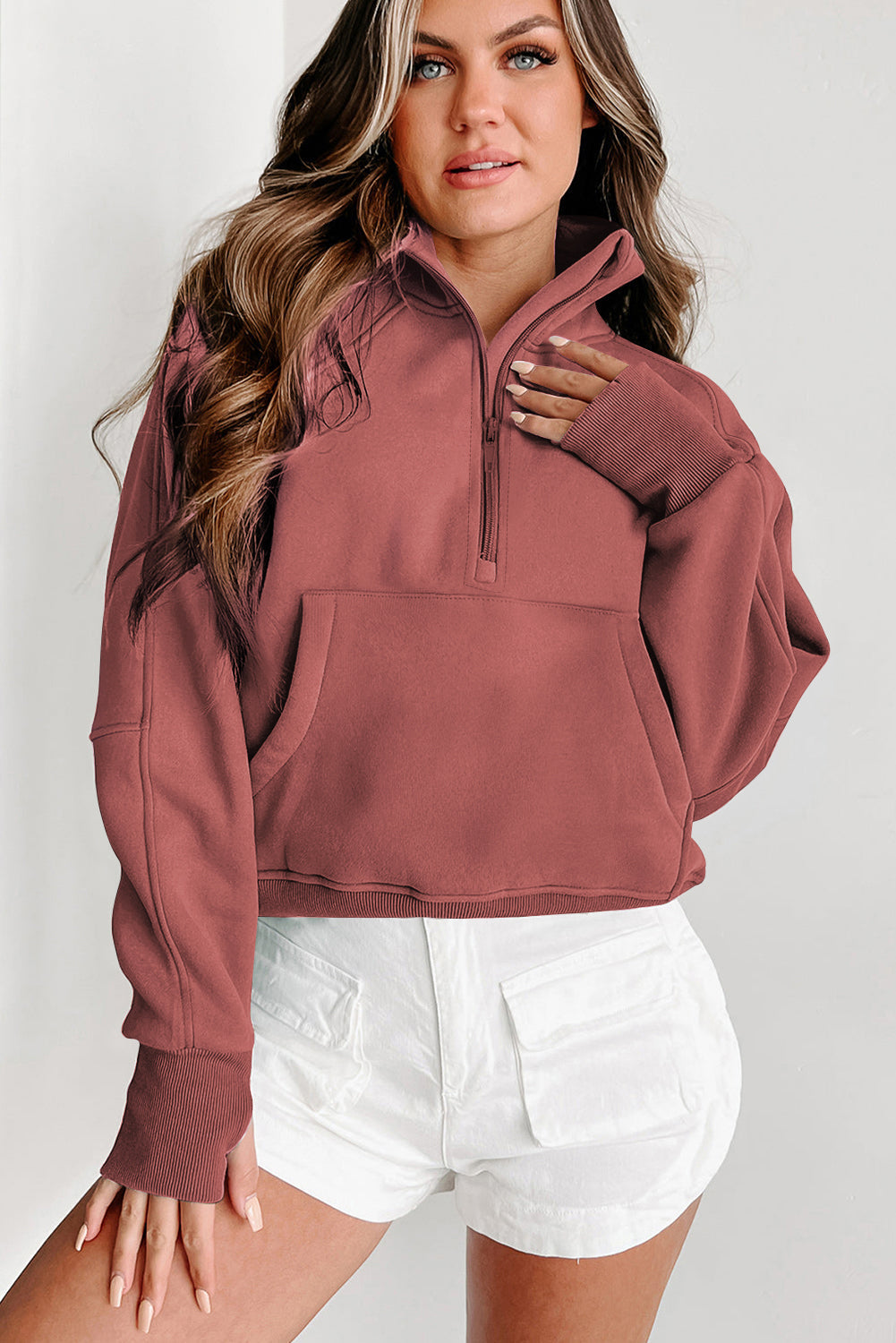 Green Zip Stand Collar Ribbed Thumbhole Sleeve Sweatshirt