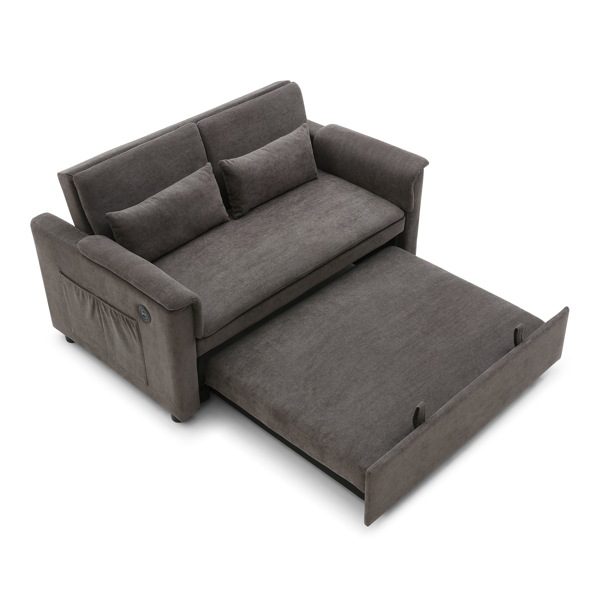 55' Velvet Two Seater Pull Out Sofa Bed, Adjustable Backrest With  USB Ports, Two Side Pockets, 3 in 1 Convertible Sleeper Sofa Bed, Modern Love Seat Lounge,2 waist pillows for living rooms,GREY