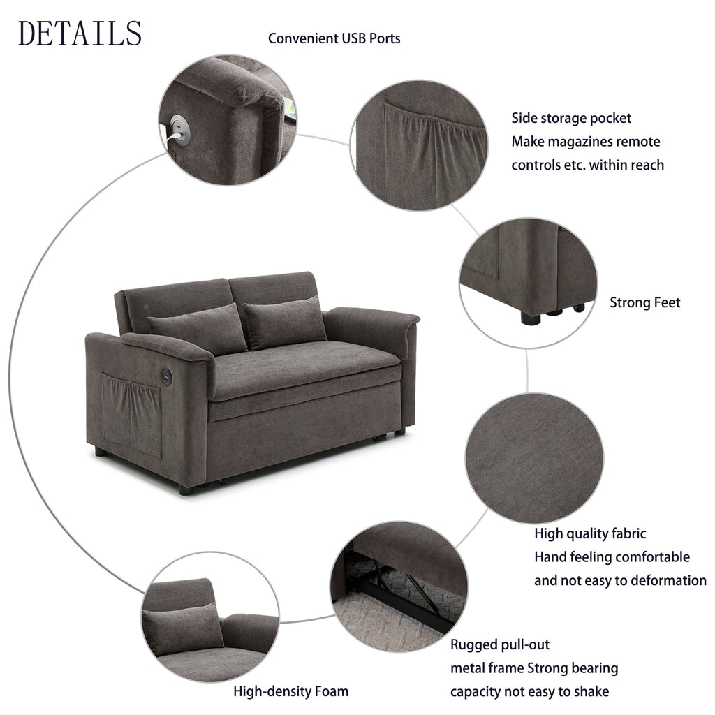 55' Velvet Two Seater Pull Out Sofa Bed, Adjustable Backrest With  USB Ports, Two Side Pockets, 3 in 1 Convertible Sleeper Sofa Bed, Modern Love Seat Lounge,2 waist pillows for living rooms,GREY