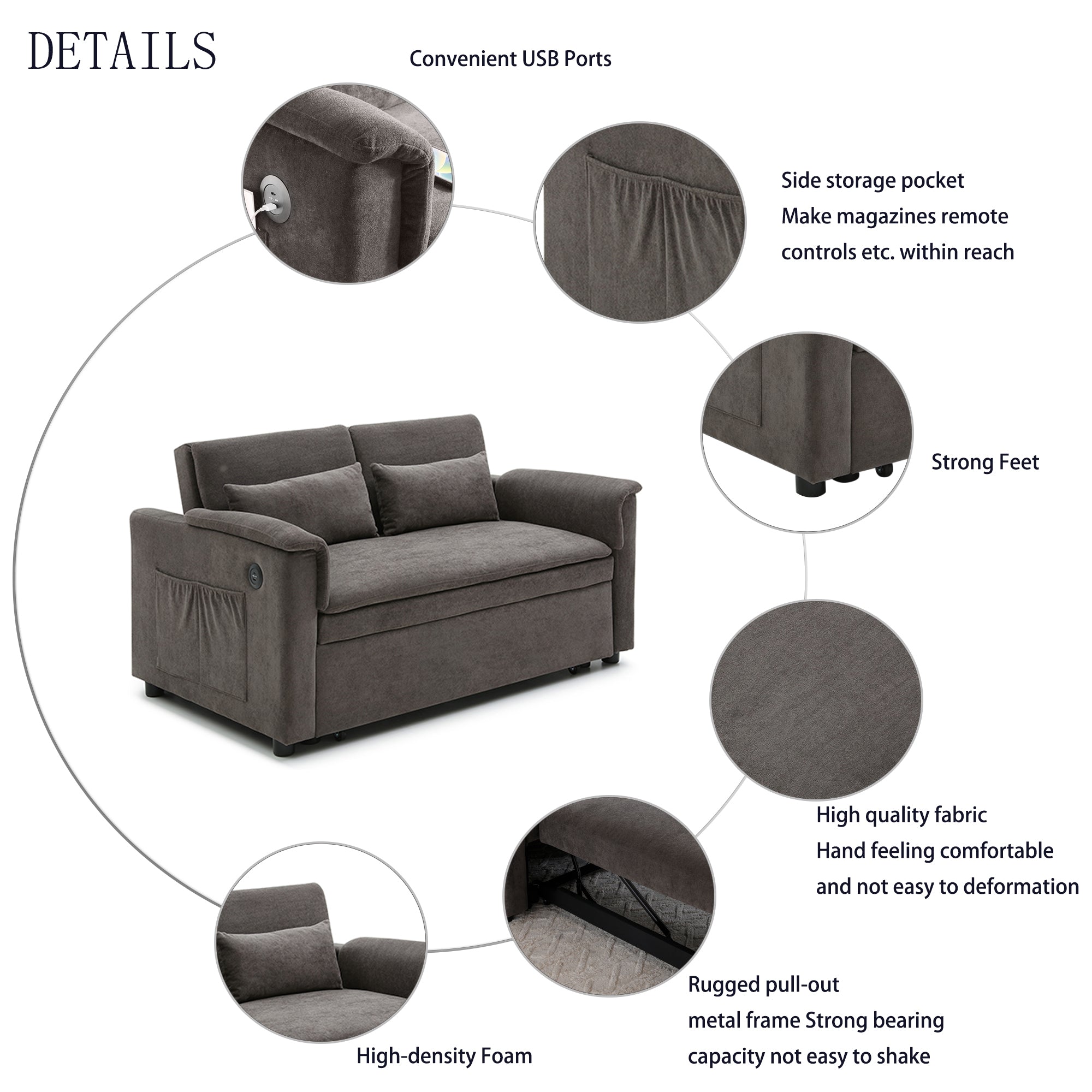 55' Velvet Two Seater Pull Out Sofa Bed, Adjustable Backrest With  USB Ports, Two Side Pockets, 3 in 1 Convertible Sleeper Sofa Bed, Modern Love Seat Lounge,2 waist pillows for living rooms,GREY
