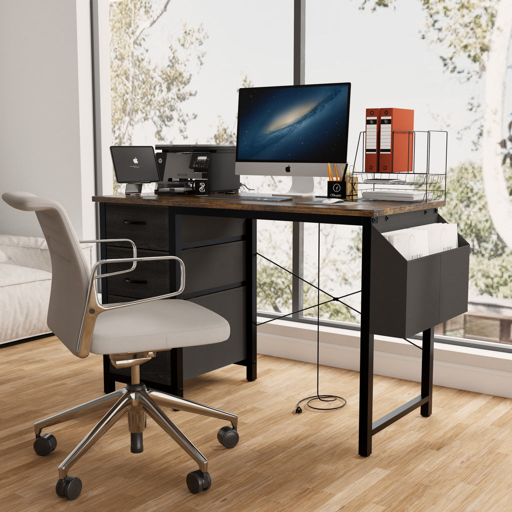 47.3'office desk with power outlet,3drawers and Side Pocket, Easy to Assemble,Frame stability Reversible for Home Office Study,Rustic Brown