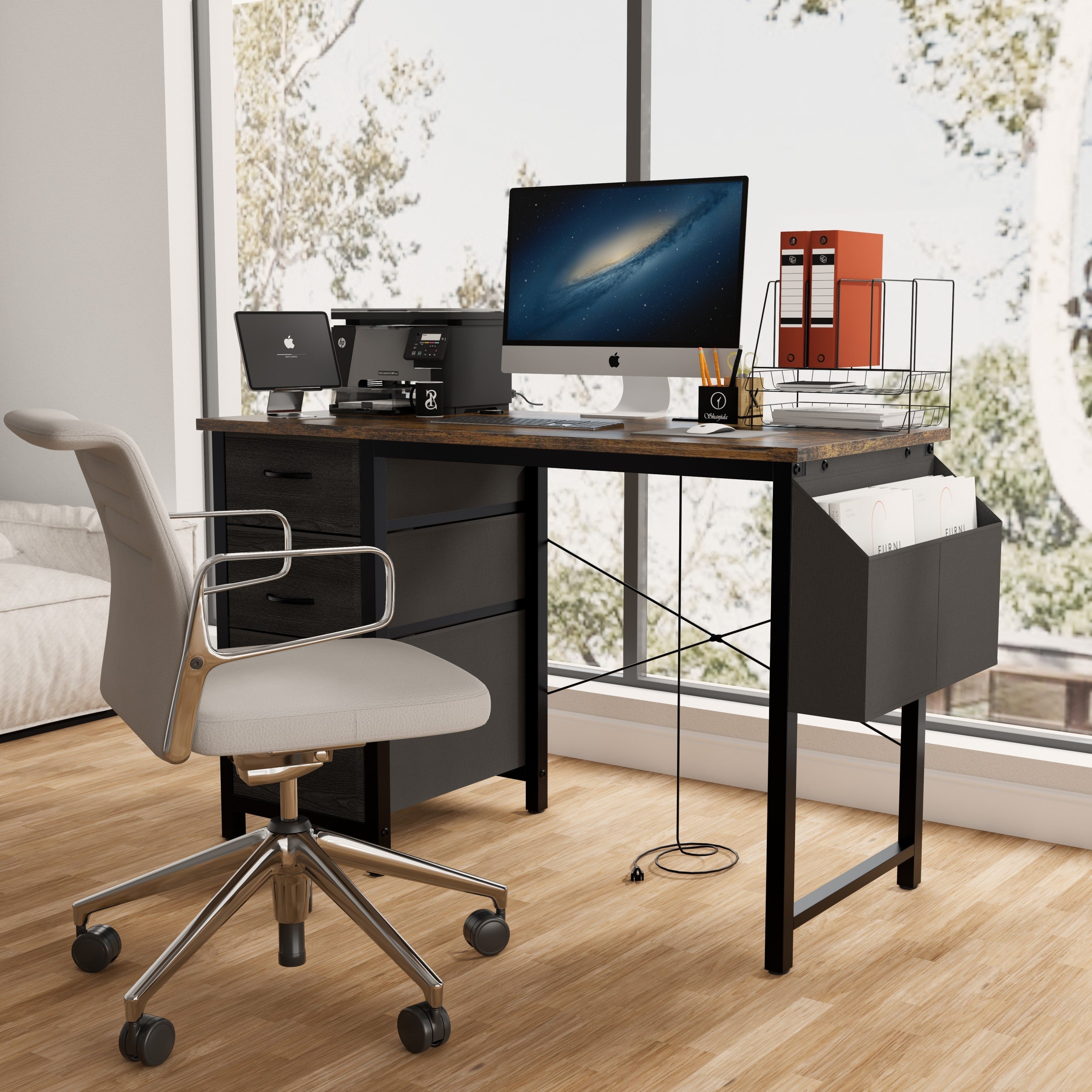 47.3'office desk with power outlet,3drawers and Side Pocket, Easy to Assemble,Frame stability Reversible for Home Office Study,Rustic Brown