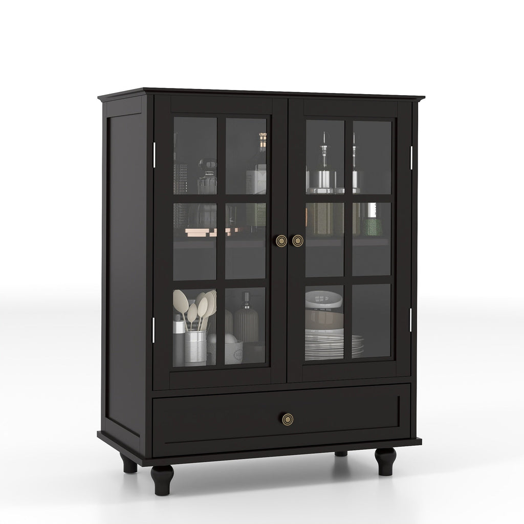 Minimalist Buffet Cabinet with Double Glass Doors and Drawer, Modern Wooden Storage Sideboard in Black