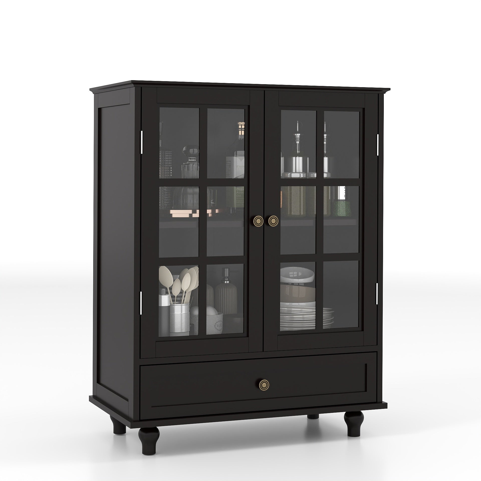 Minimalist Buffet Cabinet with Double Glass Doors and Drawer, Modern Wooden Storage Sideboard in Black