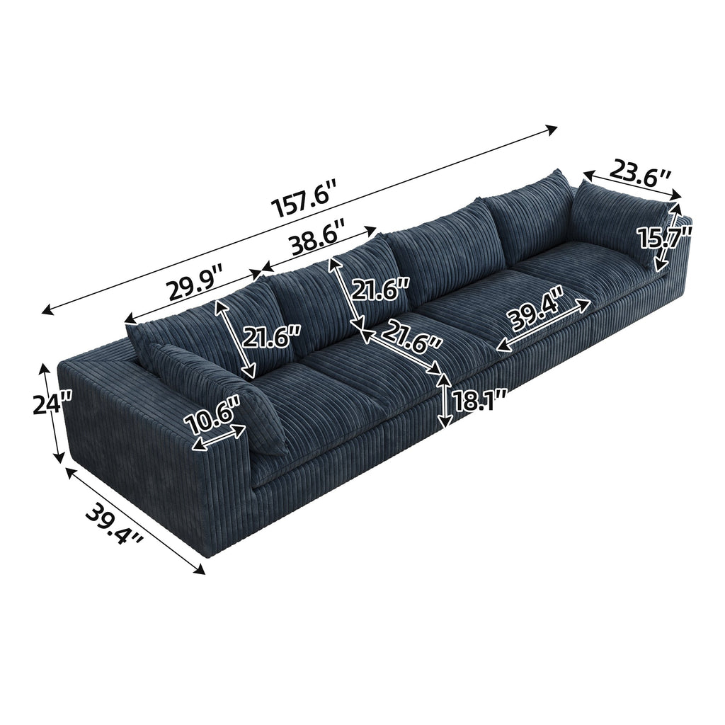 157.6'Cloud Sofa,Corduroy Fabric,Deep Seat Couches,Double-layer design,Removable  Cushion,No Assembly,DIY Combination for Living room, Bedroom,Conference room ,Apartment,Blue