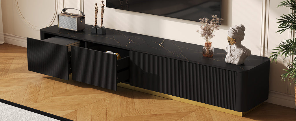 ON-TREND Luxury Fluted TV Stand for TVs Up to 85', Faux Marble Tabletop Media Console with 4 Drawers, Curved Profile Design, Modern Entertainment Center with Gold Base for Living Room, Black