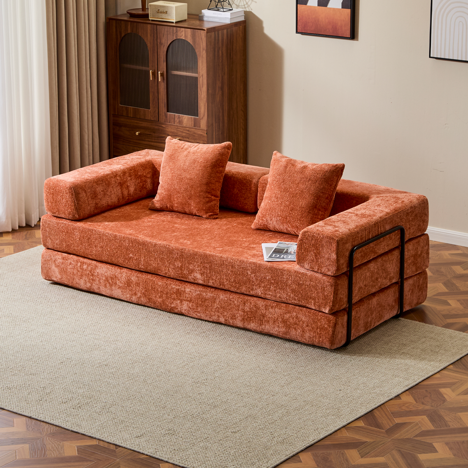 Floor Couch,Compression Sofa,Convertible Floor Sofa Bed-with Pillow Back Support Armrest,Comfy Futon Couch Lounge Sleeper Bed,chenille fabric,for Living Room Bedroom (orange)