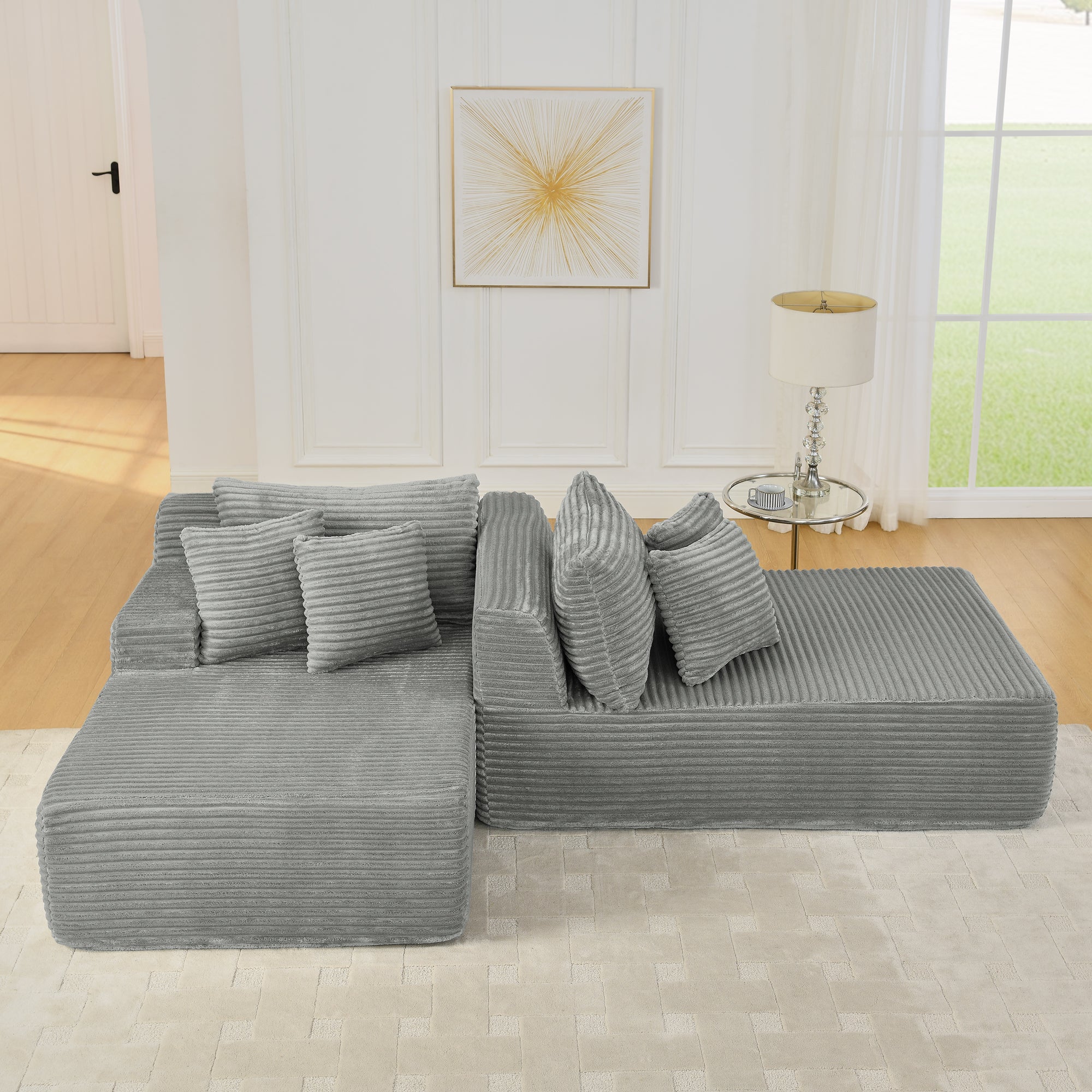 Two-seater lazy sofa lounge chair,Compressed sofa no assembly required, made of velvet fabric, fluffy modern lounge chair, used for indoor living rooms and bedrooms-Gray