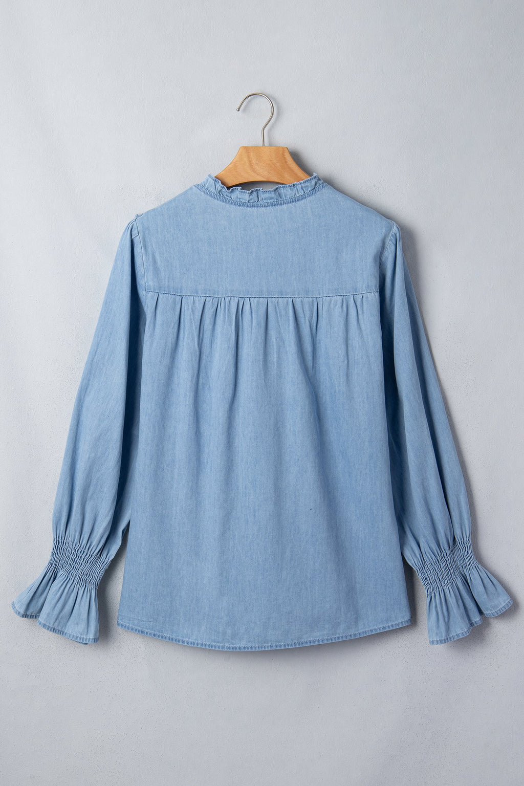 Western Denim Chambray Ruffle V-Neck Long Sleeve Blouse