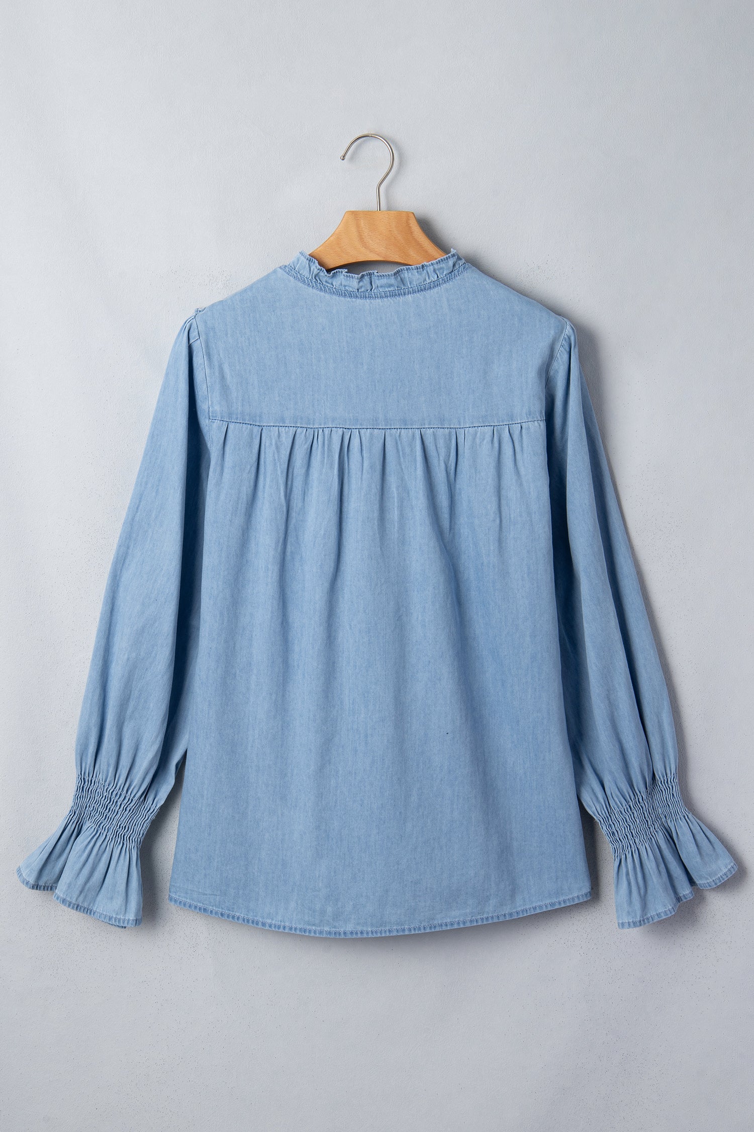Western Denim Chambray Ruffle V-Neck Long Sleeve Blouse