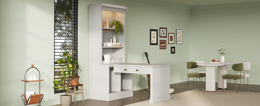 83.4'Tall Bookshelf with Writing Desk, Modern Bookcase with Study Desk, Workstation with Storage Shelf,Storage Bookcase with Open Shelves and LED Lighting for Living Room,Home Office,White