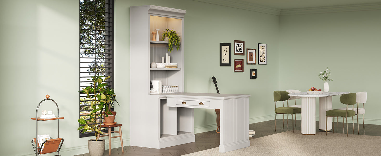 83.4'Tall Bookshelf with Writing Desk, Modern Bookcase with Study Desk, Workstation with Storage Shelf,Storage Bookcase with Open Shelves and LED Lighting for Living Room,Home Office,White
