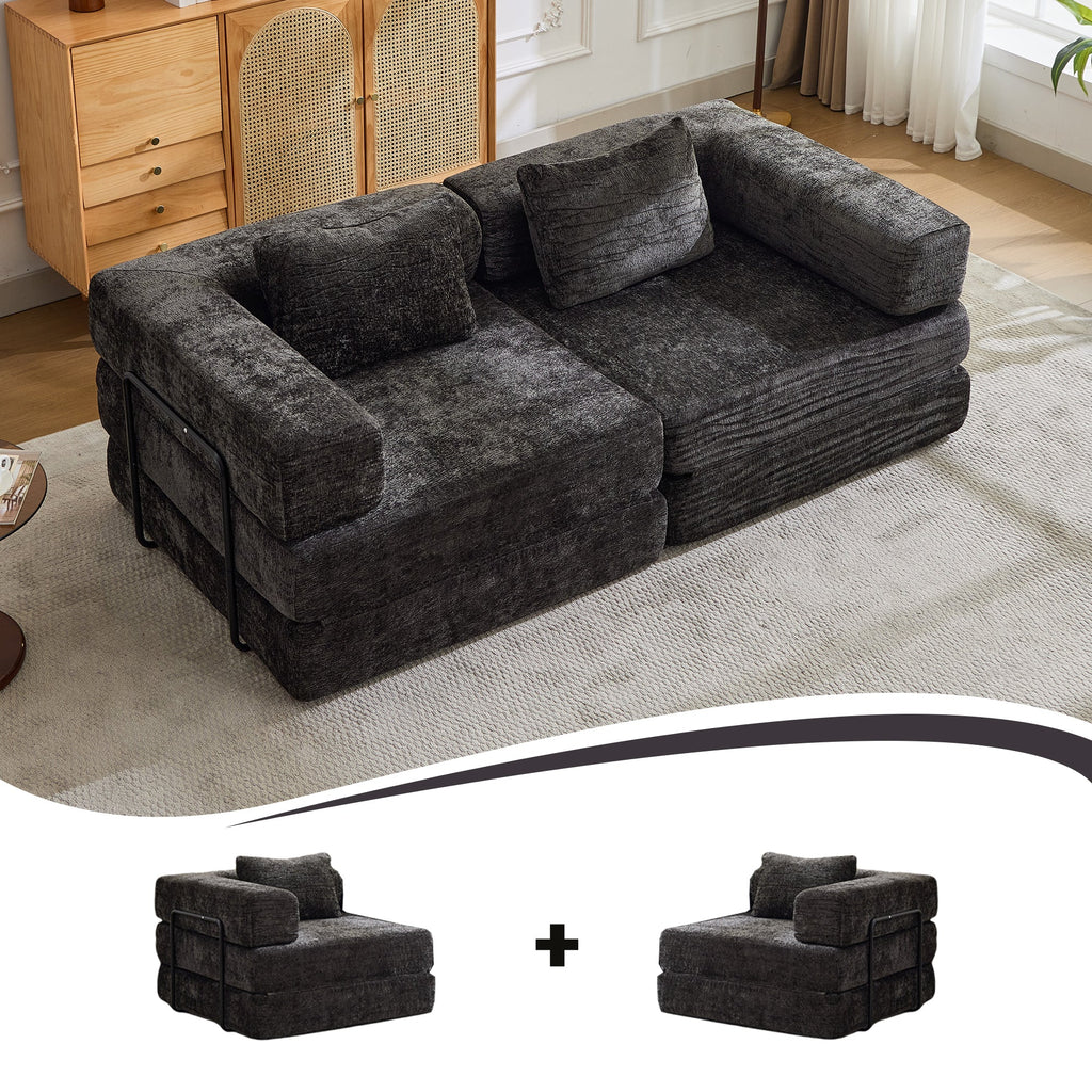 Compression Sofa,Convertible Floor Sofa Bed with Fixed-Shape Frame, Loveseats Boneless Modular Sectional Sofa,No Assembly Required,Chenille fabric,for Living Room Bedroom,Black