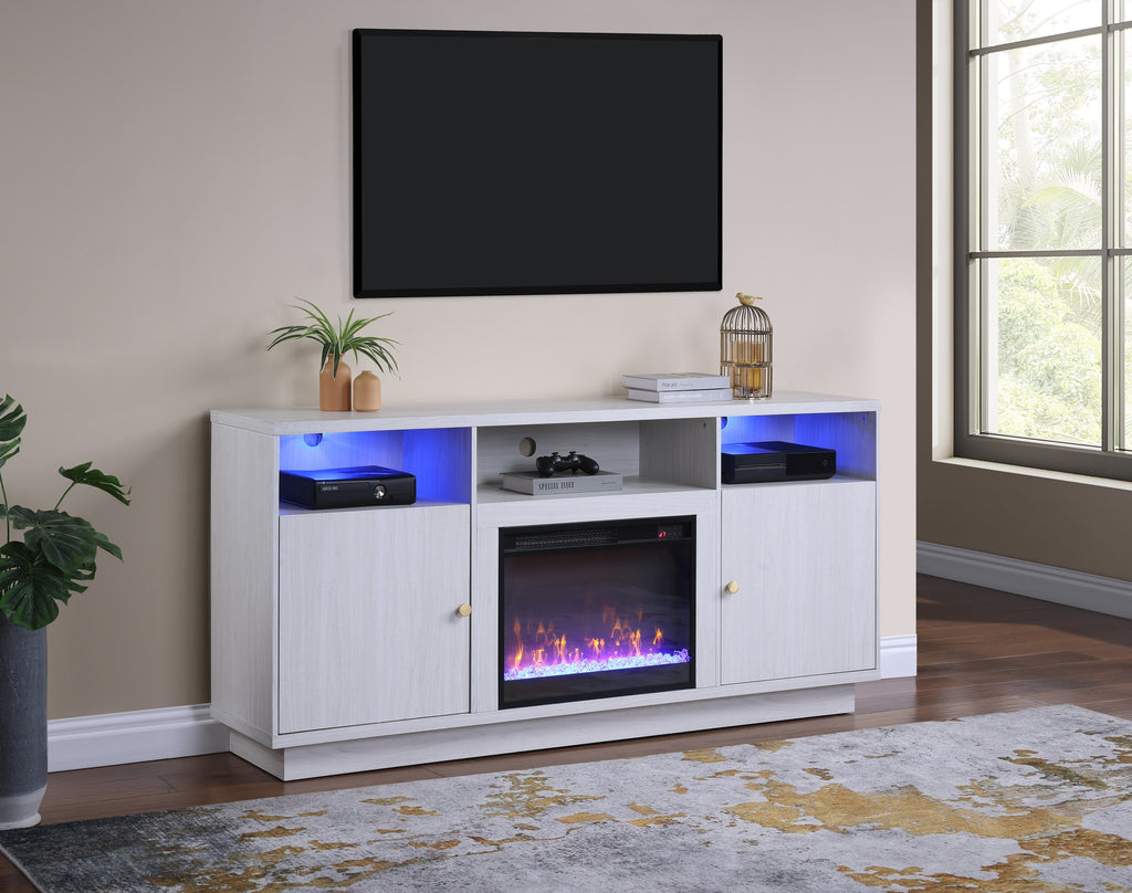 Ambrose 70'W White Walnut Finish Fireplace Console TV Stand with Heater, LED Light, Cabinets, Shelves