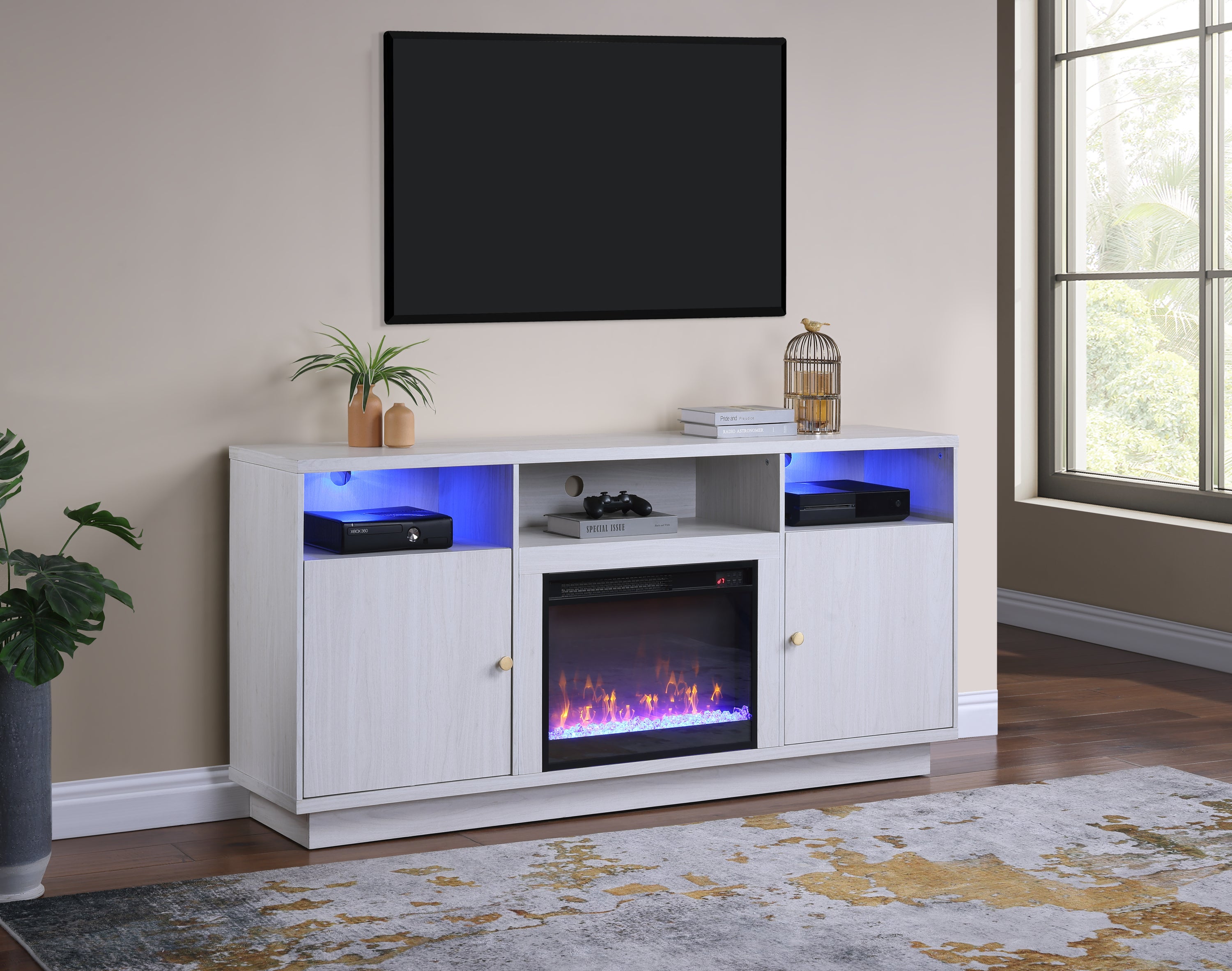 Ambrose 70'W White Walnut Finish Fireplace Console TV Stand with Heater, LED Light, Cabinets, Shelves