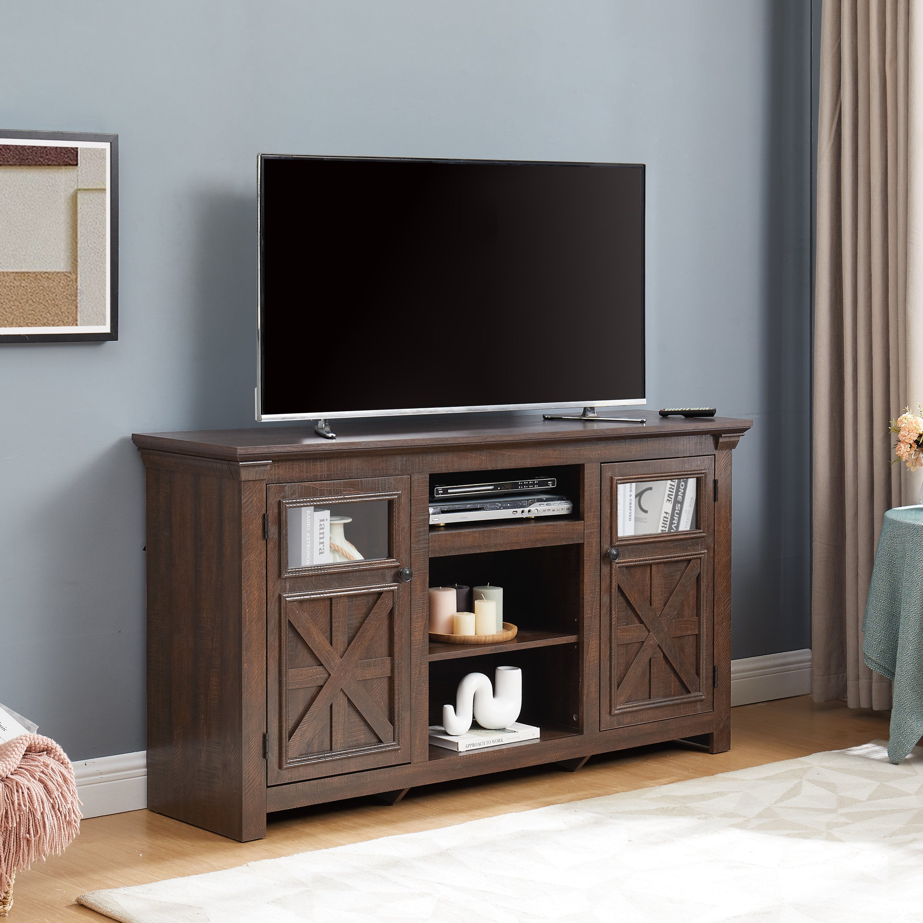 2 Doors Cabinet Farmhouse  Cabinet, Farmhouse TV Stand Barn Design,Modern Farmhouse TV Media Stand, Large Barn Inspired Home Entertainment Console,Espresso, 60.23'W*15.35'D*31.7'H