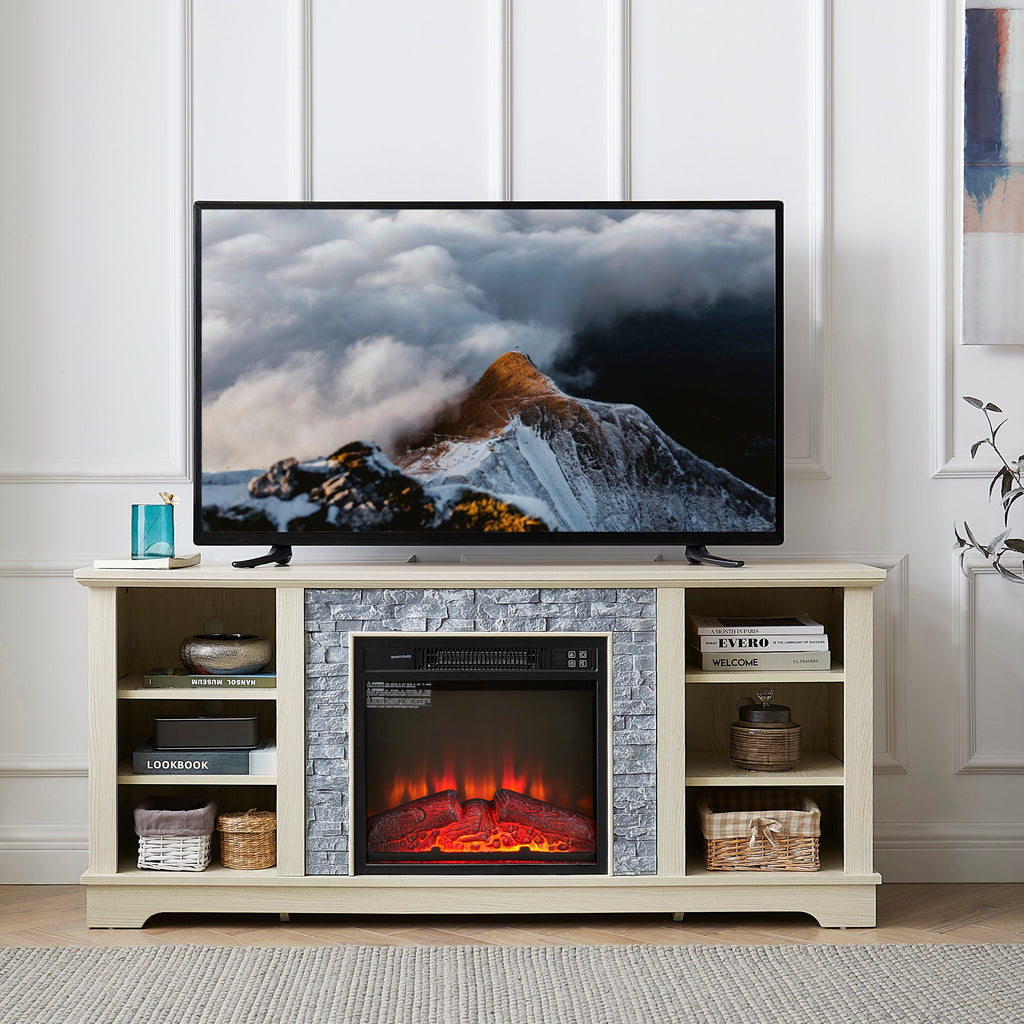 Mantel Electric Fireplace Stone TV Media Stand, Open Storage Modern Entertainment Console  Space with 18' Fireplace Insert, White, 58.31'W*15.39'D*26.06'H