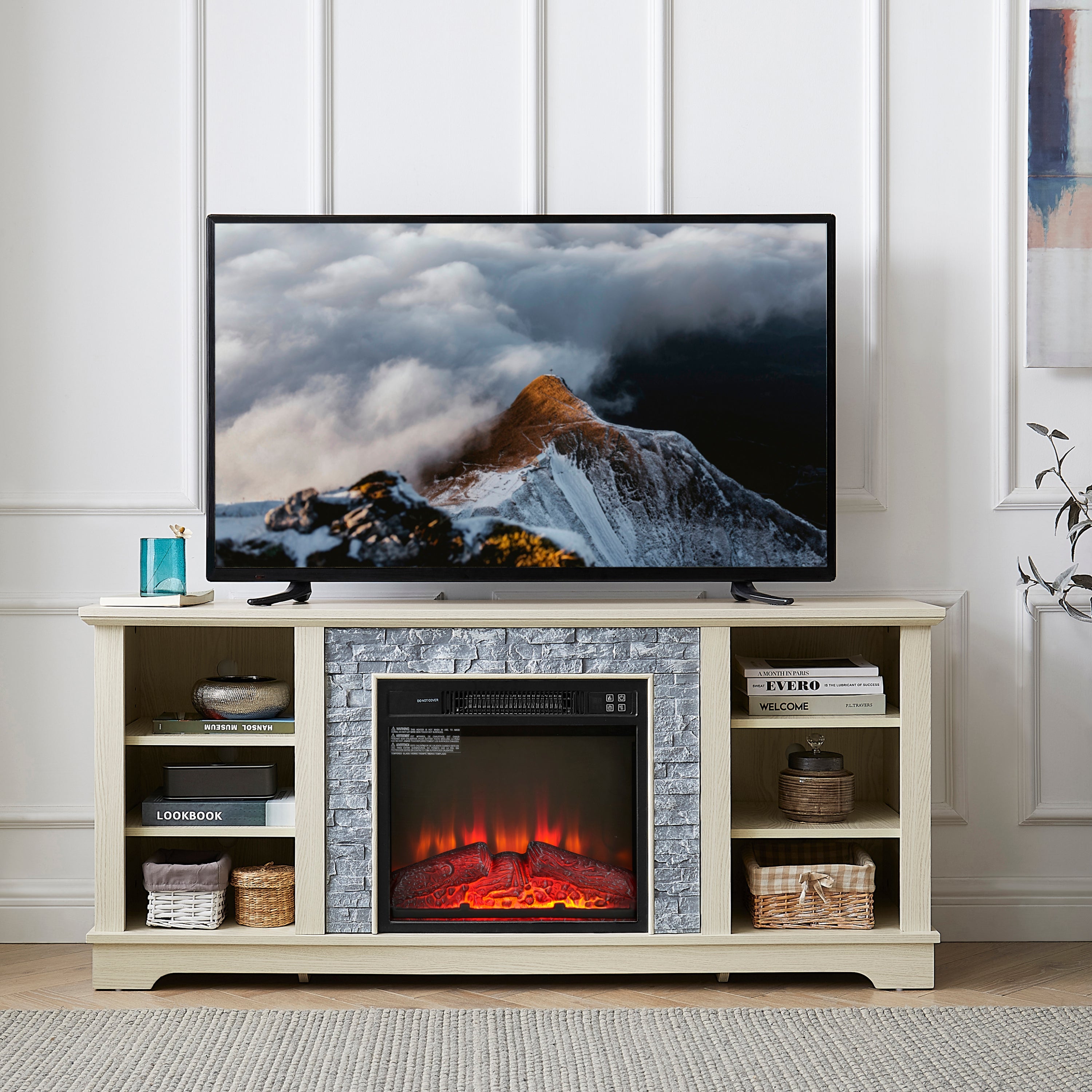 Mantel Electric Fireplace Stone TV Media Stand, Open Storage Modern Entertainment Console  Space with 18' Fireplace Insert, White, 58.31'W*15.39'D*26.06'H