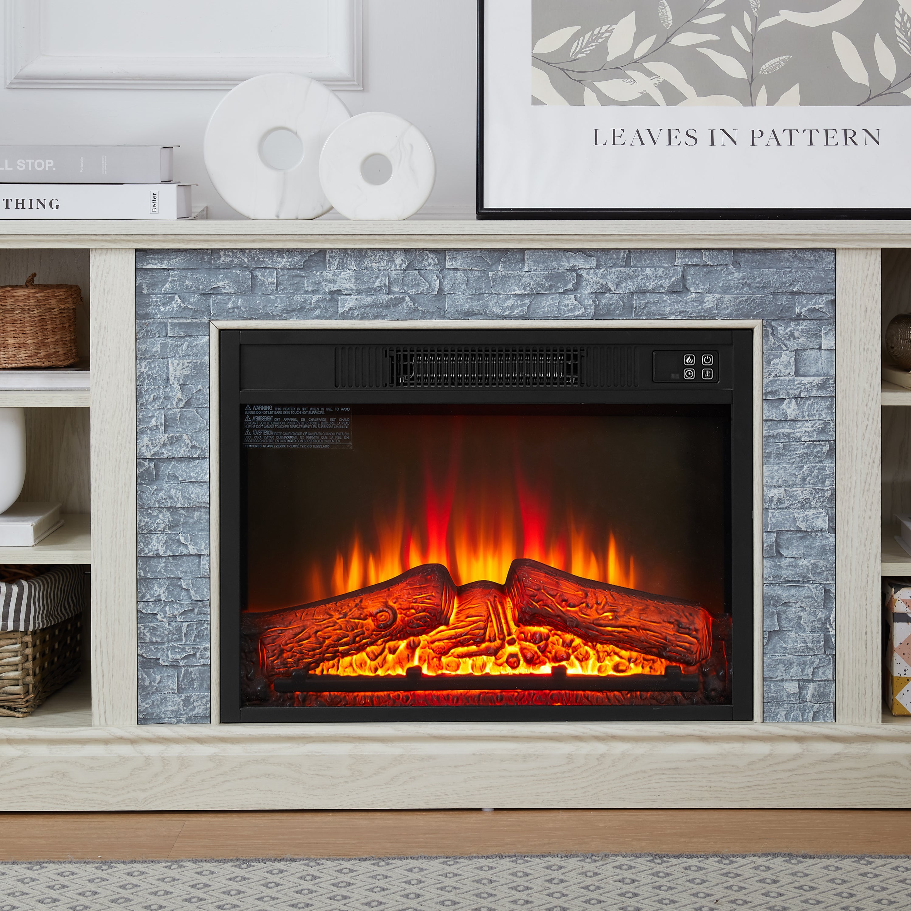 Large Faux Stacked Stone TV Desk Storage Rack, Media Console Table with Large Storage Cabinet,Modern  TV Media Stand with 23' Fireplace Insert,White, 70.12'W*15.35'D*25.83'H