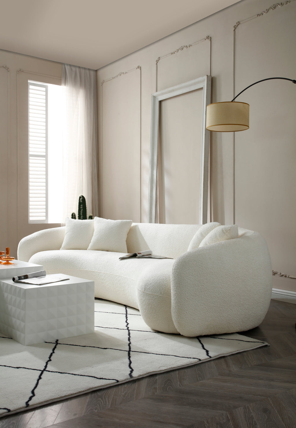 102'' 5-Seater Boucle Sofa Modern Sectional Half Moon Leisure Couch Curved Sofa Teddy Fleece Velet  WHITE