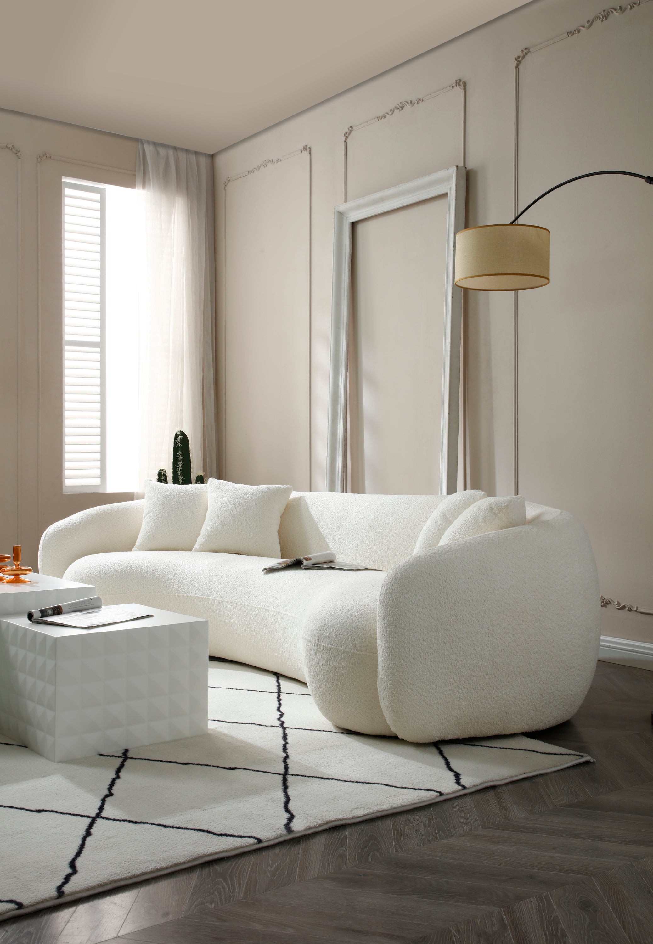 102'' 5-Seater Boucle Sofa Modern Sectional Half Moon Leisure Couch Curved Sofa Teddy Fleece Velet  WHITE